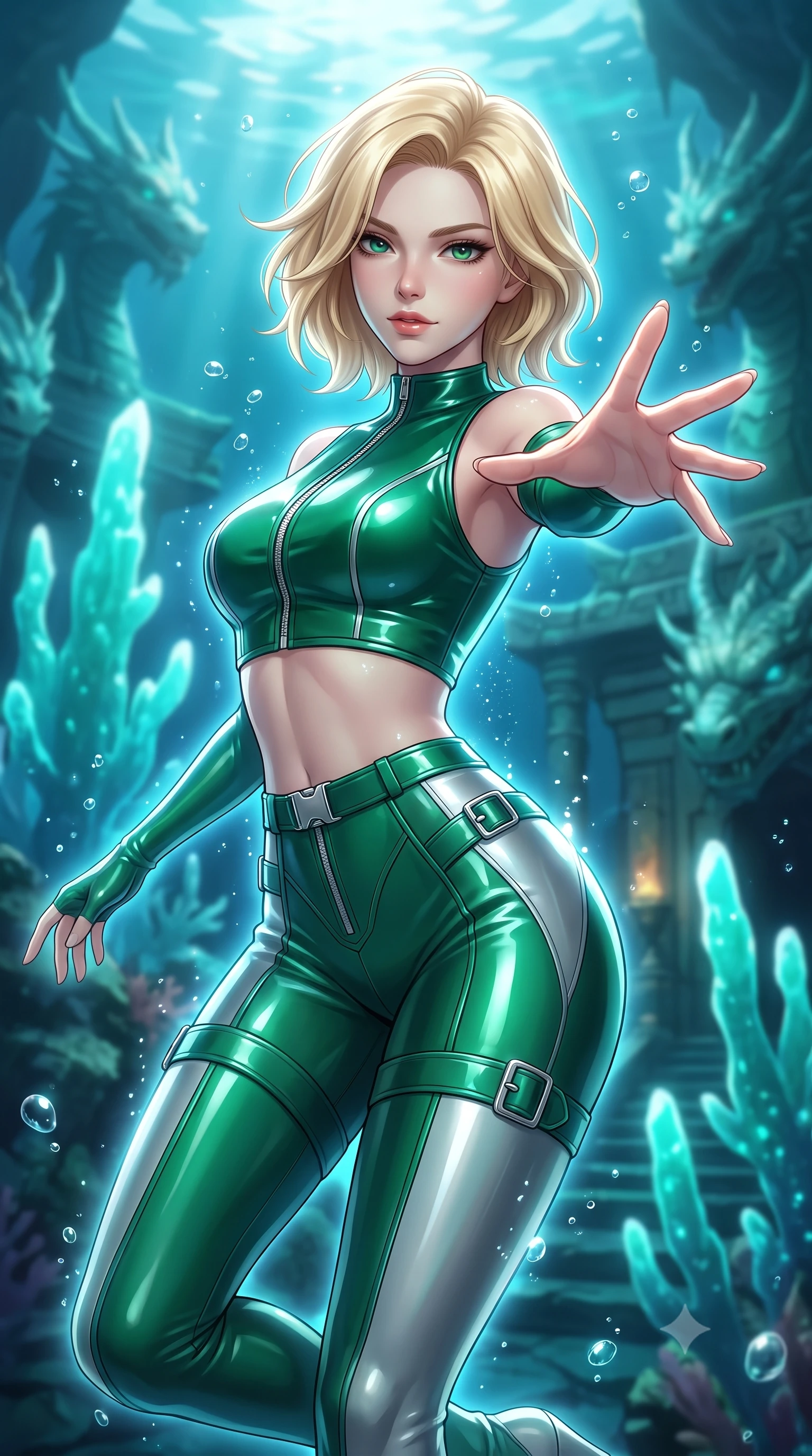 score_9, masterpiece, best quality, ultra-detailed, high-budget anime keyframe, editorial fashion photography, tasteful artistic composition, Caucasian woman. close-up cowboy shot from the waist and thighs up, the character dominates the composition, filling the frame with her large presence, background elements kept in soft focus. Reaching her hand gracefully toward the camera with magnetic allure, her torso turning in a dynamic S-curve alignment while floating underwater in a dynamic mid-air spin inside a sunken dragon temple, glowing aqua coral spires emitting pulsing luminescence in the background. She has an exceptionally elegant, slender, and willowy female figure with an ultra-slim waist, a gracefully sculpted slender torso, and a refined silhouette. sharp v-shaped jawline, high-bridge nose, intricate jewel-like eyes with depth, thick eyelashes, glossy lips with a natural sheen, flawlessly proportioned anatomical accuracy, natural body alignment, perfectly sculpted elegant limbs, clean dynamic posture without body distortion. wearing a glossy vinyl crop top and high-waist tailored leggings with sleek zippers in deep emerald green and silver accent, formed from sleek second-skin neoprene, detailed with polished silver buckles along the waistline, the glove-like fit emphasizing her statuesque silhouette during motion. surrounded by a shimmering ocean aura with bright pearl-white specular rim lights. highly saturated vibrant anime colors, detailed shading with soft gradients, rich glossy textures, high-contrast stereoscopic depth, volumetric dynamic lighting, master piece, 9:16 ratio