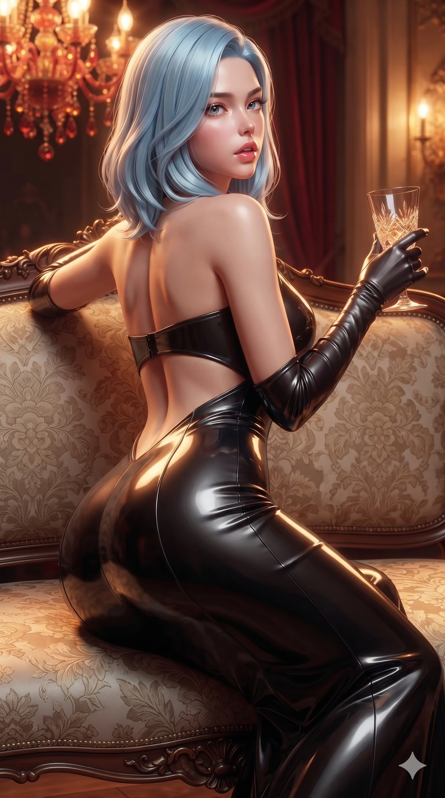 score_9, masterpiece, best quality, ultra-detailed, high-budget anime keyframe, semi-realistic 3D game render, editorial fashion photography, tasteful artistic composition, Korean woman. close-up cowboy shot from the waist and thighs up, the character dominates the composition, filling the frame with her large presence. posing in an alluring rear three-quarter angle, looking over a bare shoulder with parted glossy lips, her hips cocked back to highlight her slim hourglass curve while lounging languidly across a damask-upholstered antique settee, her flat midriff and feminine hips bathed in rich ruby and amber chandelier light. The surrounding environment is rendered in vivid detail and crisp panoramic clarity: sharp floral damask fabric weave, hand-blown Murano glass floral petals, and crisp gold-leaf leafing in deep focus. She has an exceptionally elegant, slender, and willowy female figure with an ultra-slim waist, flat toned midriff, narrow ribcage, and sculpted feminine hips creating an alluring, slim hourglass silhouette without bulk. sharp v-shaped jawline, high-bridge nose, intricate jewel-like eyes with depth, thick eyelashes, glossy parted lips with a natural sheen, intensely captivating and seductive bedroom-eyes expression, flawlessly proportioned anatomical accuracy, strict slender model proportions, natural body alignment, perfectly sculpted long slender limbs, ultra-slim waistline, clean dynamic posture without body distortion. wearing a sculpted liquid-satin mermaid gown with an architectural open-waist cutout and bare spine in dark onyx black and molten platinum, tailored from high-gloss patent leather with mirror-like specular highlights, accessorized with opera-length satin gloves and a vintage crystal glass, the form-contouring silhouette accentuating her sculpted flat midriff, narrow delicate ribcage, and gracefully curvy hips with intoxicating allure. illuminated by warm 2400K Murano chandelier ruby-amber glow mixed with soft gilded mirror bounce. highly saturated vibrant anime colors, detailed shading with soft gradients, rich glossy textures, high-contrast stereoscopic depth, volumetric dynamic lighting, master piece, 9:16 ratio