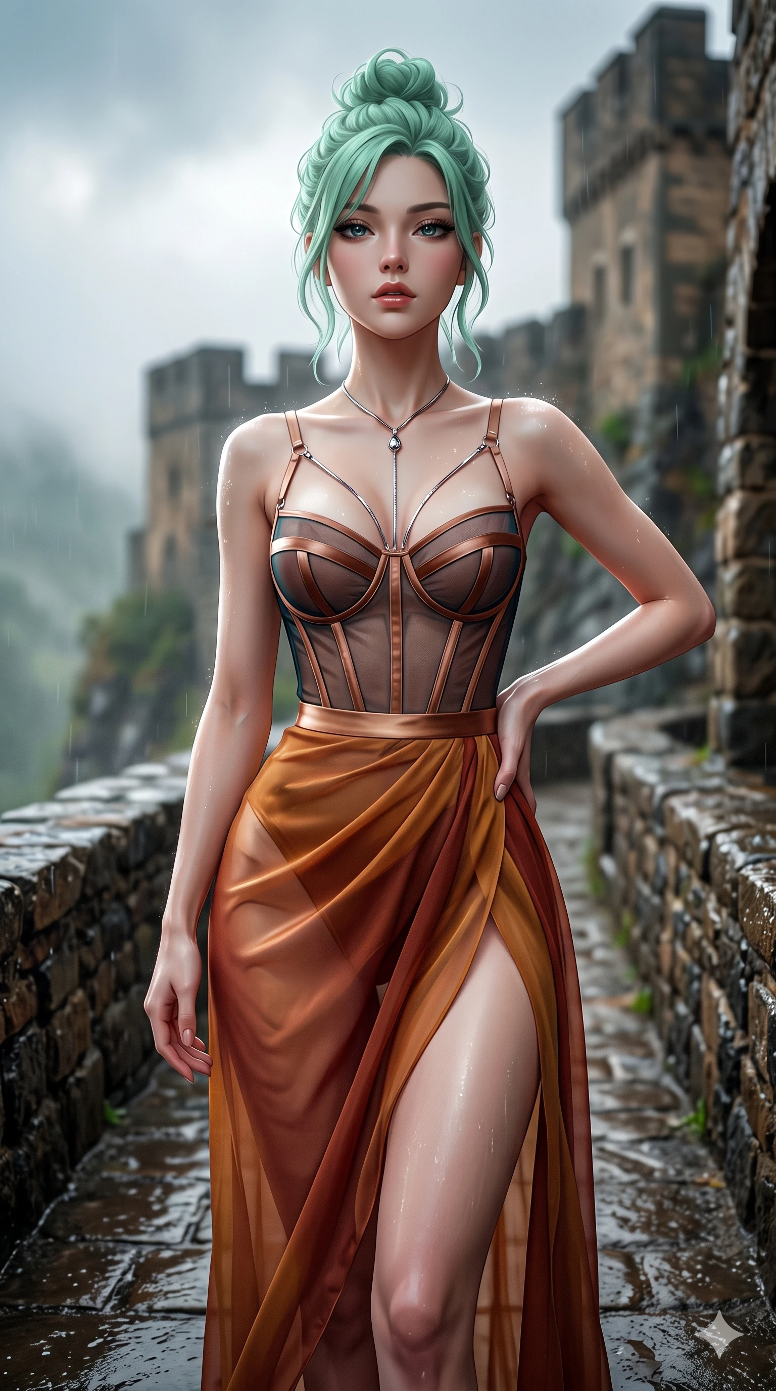 score_9, masterpiece, best quality, ultra-detailed, high-budget anime keyframe, semi-realistic 3D game render, editorial fashion photography, tasteful artistic composition, Japanese woman. close-up cowboy shot from the waist and thighs up, the character dominates the composition, filling the frame with her large presence. tilting her chin up with proud, sovereign allure while gazing through thick eyelashes, one hand resting on her waist in pure supermodel charisma while stepping slowly along the rain-washed stone rampart with hypnotic grace, hips swaying in an alluring rhythm that accentuates her curvy hourglass silhouette. The composition keeps background elements in soft focus with creamy bokeh: fresh highland rain mist softened in cliffside fortress rampart shallow focus. She has an exceptionally elegant, slender, and willowy female figure with an ultra-slim waist, flat toned midriff, narrow ribcage, and sculpted feminine hips creating an alluring, slim hourglass silhouette without bulk. sharp v-shaped jawline, high-bridge nose, intricate jewel-like eyes with depth, thick eyelashes, glossy parted lips with a natural sheen, intensely captivating and seductive bedroom-eyes expression, flawlessly proportioned anatomical accuracy, strict slender model proportions, natural body alignment, perfectly sculpted long slender limbs, ultra-slim waistline, clean dynamic posture without body distortion. wearing a provocative translucent mesh corset bodice with boned satin channels paired with a sheer chiffon wrap skirt in warm Tuscan ochre and terracotta sienna, tailored from ultra-smooth duchess satin with a pearlescent sheen, accented with a chrome-drop body harness subtly framing her dewy collarbones and spine, the high-slit wrap tailoring accentuating her ultra-slim waistline and the enchanting curve of her feminine hips with alluring seductive charm. bathed in high-contrast dramatic sky illumination with crisp silver rim lights sculpting her jawline, narrow waist, and curvy hips. highly saturated vibrant anime colors, detailed shading with soft gradients, rich glossy textures, high-contrast stereoscopic depth, volumetric dynamic lighting, master piece, 9:16 ratio