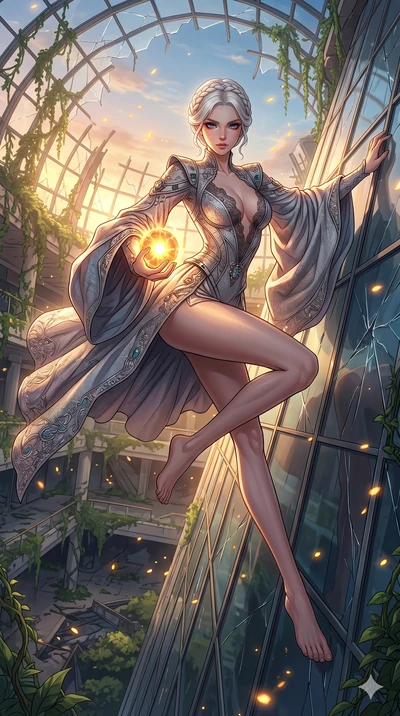 score_9, masterpiece, best quality, ultra-detailed, Set A: High-budget Anime Keyframe, Caucasian (human ears) woman. Low angle cowboy shot filling the entire 9:16 frame with her statuesque presence. Theme: Ethereal Dream. sliding down a glass skyscra