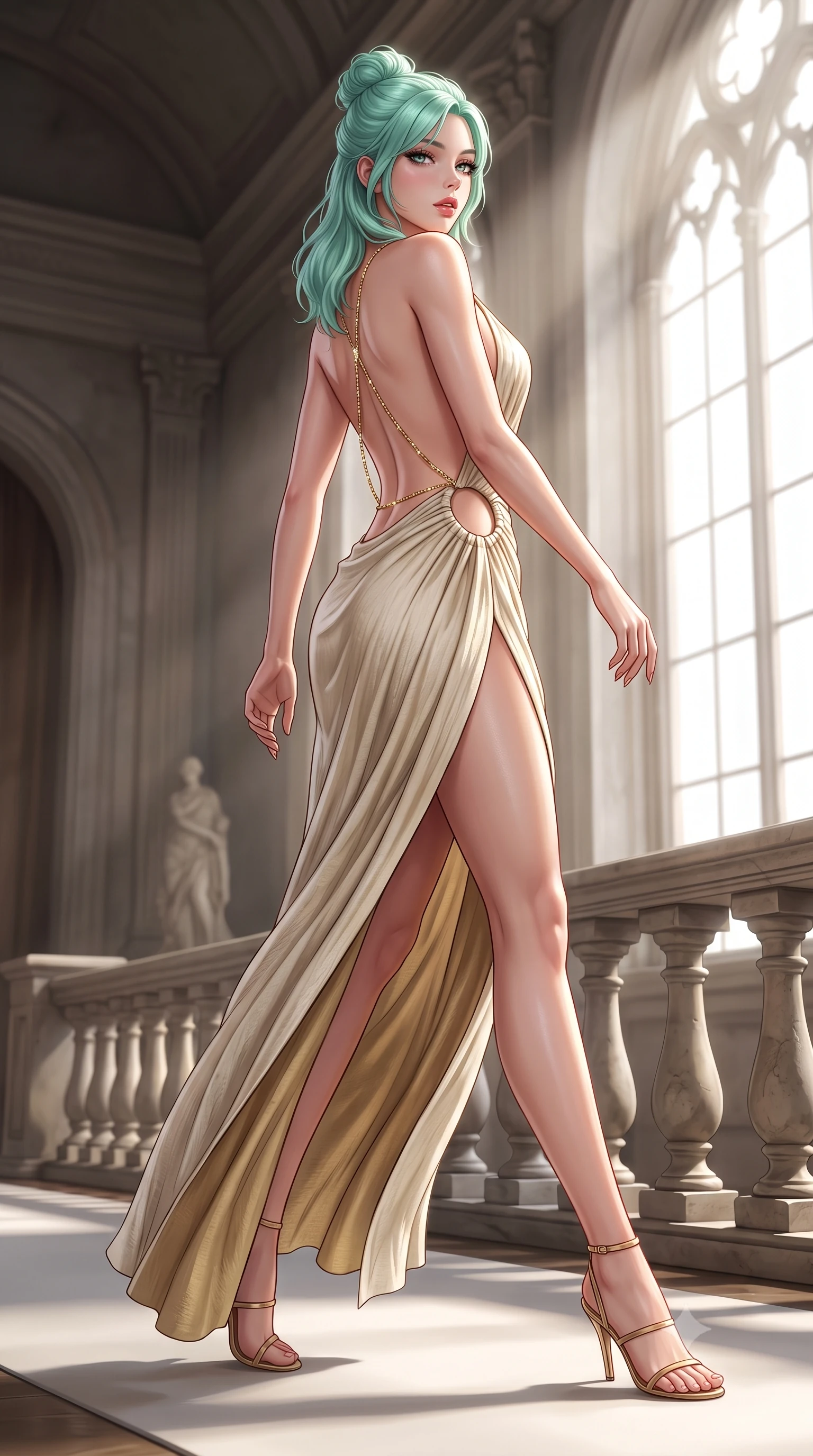 score_9, masterpiece, best quality, ultra-detailed, high-budget anime keyframe, semi-realistic 3D game render, editorial fashion photography, tasteful artistic composition, Japanese woman. low angle full-body shot from head to toe showing her feet, filling the entire 9:16 vertical frame with her statuesque presence, stretching her vertical silhouette. striding forward in a proud supermodel runway stride, hips swaying in an alluring kinetic rhythm that accentuates her curvy hourglass silhouette while leaning forward over a sculpted marble balustrade with lower back arched, looking over her bare shoulder with parted glossy lips. The surrounding environment is rendered in vivid detail and crisp panoramic clarity. timeless Renaissance chiaroscuro and monumental artistic atelier aesthetics captured with precision. She has an absolutely perfect, statuesque 8.5-heads proportion, an exceptionally tall and slender model-like female figure with impossibly long slender legs, a toned flat midriff, an ultra-slim waist, and beautifully sculpted feminine hips. sharp v-shaped jawline, high-bridge nose, intricate jewel-like eyes with depth, thick eyelashes, glossy parted lips with a natural sheen, intensely captivating and seductive bedroom-eyes expression, flawlessly proportioned anatomical accuracy, strict slender model proportions, natural body alignment, perfectly sculpted long slender limbs, ultra-slim waistline, clean dynamic posture without body distortion. wearing a classical draped chiton evening dress with an open waist ring cutout and breezy side slit in warm limestone cream and brushed brass, crafted from breathable crinkled linen with classical sculptor drape, accented with a glittering gold back chain tracing her bare spine down to her hip line, the glove-like aerodynamic silhouette tightly following the natural contour of her hips and long slender legs with statuesque precision. bathed in dramatic natural north skylight streaming through cathedral windows. highly saturated vibrant anime colors, detailed shading with soft gradients, rich glossy textures, high-contrast stereoscopic depth, volumetric dynamic lighting, master piece, 9:16 ratio