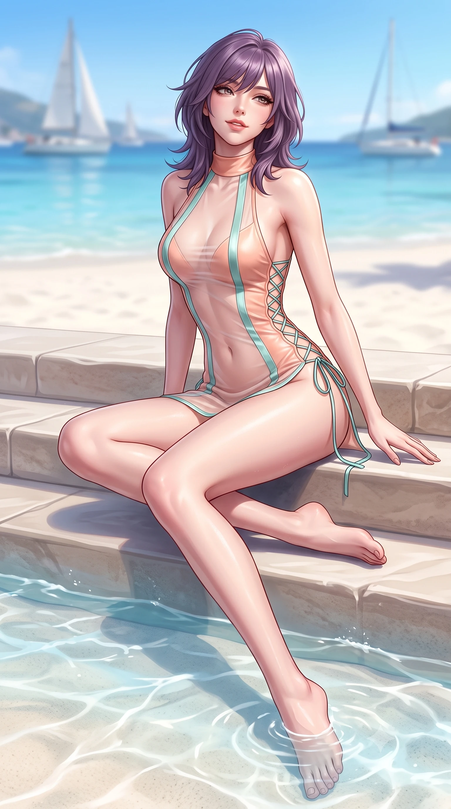 score_9, masterpiece, best quality, ultra-detailed, high-budget anime keyframe, semi-realistic 3D game render, editorial fashion photography, tasteful artistic composition, Japanese woman. low angle full-body shot from head to toe showing her feet, filling the entire 9:16 vertical frame with her statuesque presence, stretching her vertical silhouette. sitting poised on the stone steps with one knee bent, arching her spine with supermodel elegance as she glances upward through thick eyelashes while lounging in the shallow water over smooth sand with legs extended, water gently lapping her thighs as she casts a smoldering bedroom-gaze. The background shows a soft-focus distant sailing yachts softened in pristine Mediterranean island shallow focus. She has an absolutely perfect, statuesque 8.5-heads proportion, an exceptionally tall and slender model-like female figure with impossibly long slender legs, an ultra-slim waist, a flat toned midriff, narrow delicate ribcage, and beautifully sculpted feminine hips creating a graceful, slim hourglass silhouette without any bulky heaviness. sharp v-shaped jawline, high-bridge nose, sparkling eyes with hypnotic seductive depth, thick curled eyelashes, glossy parted lips with a natural dewy peach sheen, alluring bedroom-eyes with an enchanting coquettish smile, exuding magnetic siren charisma and sophisticated glamour, flawlessly proportioned anatomical accuracy, strict slender model proportions, natural body alignment, perfectly sculpted long slender limbs, ultra-slim waistline, clean dynamic posture without body distortion. wearing a provocative high-neck sheer illusion beach coverup with liquid satin ribbons contouring her curves in pastel peach blossom and Aegean seafoam green, woven from buttery-soft stretch lambskin leather adhering to her body like a second skin, featuring fine criss-cross lace-up side ties revealing tantalizing glimpses of her hip curve, the precision-cut side openings and low-back scoop framing her graceful spine and the sensual sweep of her slim, toned hips. bathed in dazzling midday Mediterranean sunlight penetrating straight down to the white sand sea floor. highly saturated vibrant anime colors, detailed shading with soft gradients, rich glossy textures, high-contrast stereoscopic depth, volumetric dynamic lighting, master piece, 9:16 ratio
