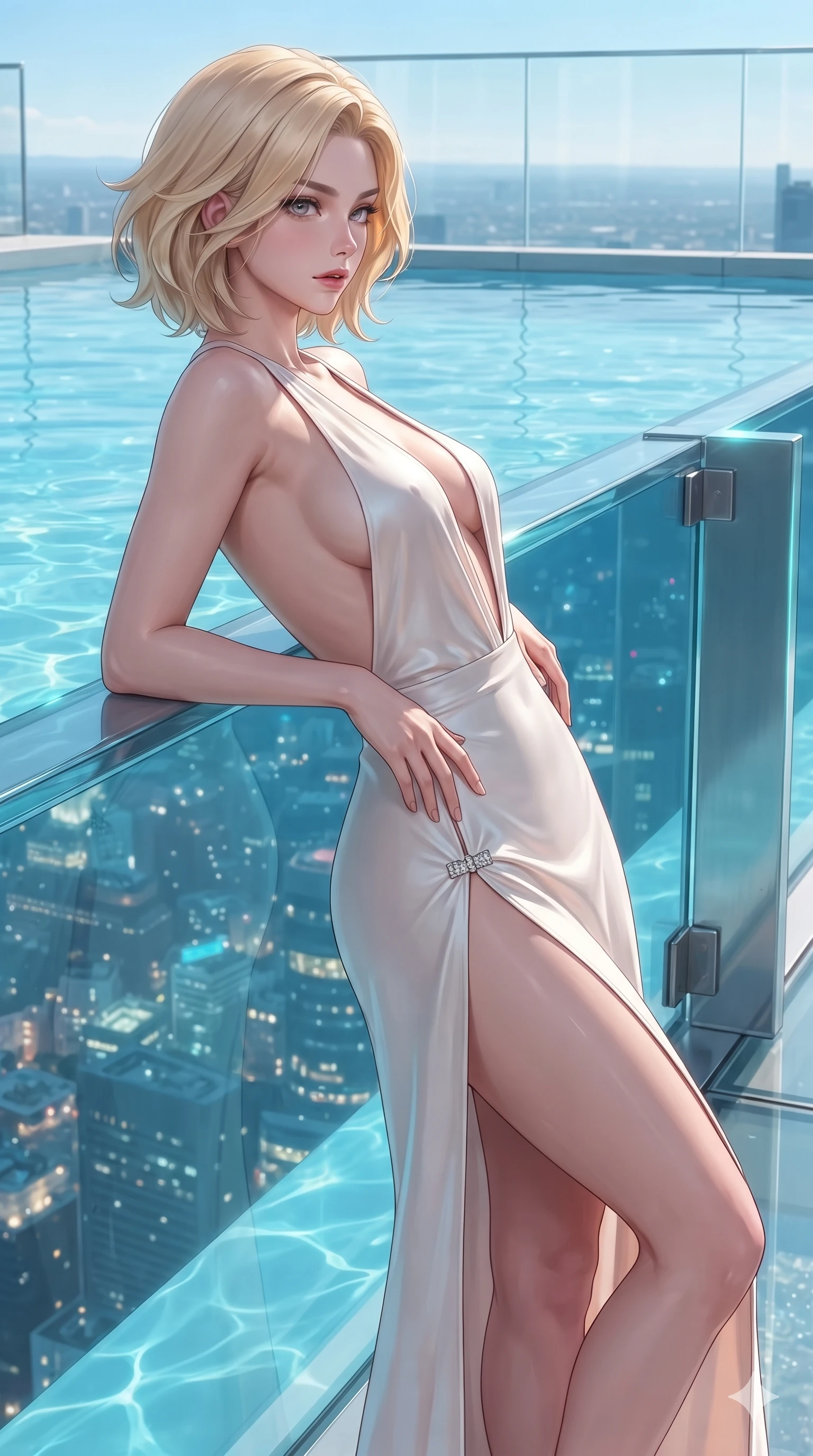 score_9, masterpiece, best quality, ultra-detailed, high-budget anime keyframe, editorial fashion photography, tasteful artistic composition, Caucasian woman. close-up cowboy shot from the waist and thighs up, the character dominates the composition, filling the frame with her large presence. arching her spine backward with effortless dancer poise, one hand sliding along her hip line as directional light carves specular highlights along her silhouette while leaning against the structural acrylic pool wall with hips cocked back, gazing through the clear water at the glittering city below with intoxicating bedroom-eyes. The surrounding environment is rendered in vivid detail and crisp panoramic clarity: sharp acrylic pool panel seams, surface tension water ripples, and stainless steel support bracket bevels in deep focus. She has an exceptionally elegant, slender, and willowy female figure with an ultra-slim waist, flat toned midriff, narrow ribcage, and sculpted feminine hips creating an alluring, slim hourglass silhouette without bulk. sharp v-shaped jawline, high-bridge nose, intricate jewel-like sparkling eyes with depth, thick eyelashes, glossy parted lips with a natural sheen, intensely captivating and seductive bedroom-eyes expression, exuding both youthful cute charm and sovereign luxury allure, flawlessly proportioned anatomical accuracy, strict slender model proportions, natural body alignment, perfectly sculpted long slender limbs, ultra-slim waistline, clean dynamic posture without body distortion. wearing a liquid-silk jersey evening gown with an ultra-deep plunging open back descending to the base of her spine and a sculpted hip-hugging skirt in celestial porcelain white and rose-gold, tailored from heavy double-faced silk georgette with an exceptionally fluid drape, finished with an ultra-high side slit secured by miniature jeweled clasps, the form-contouring material adhering flawlessly to her sculpted flat midriff and slender torso, emphasizing her long leg lines and perfectly proportioned willowy build. illuminated by glass floor bounce and sharp turquoise-platinum rim lights defining her razor-sharp jawline, narrow waist, and curvy hips. ultra-reflective glossy finish, specular highlights, rich textural contrasts, high-contrast stereoscopic depth, volumetric dynamic lighting, 2k, ultra detail, master piece, 9:16 ratio