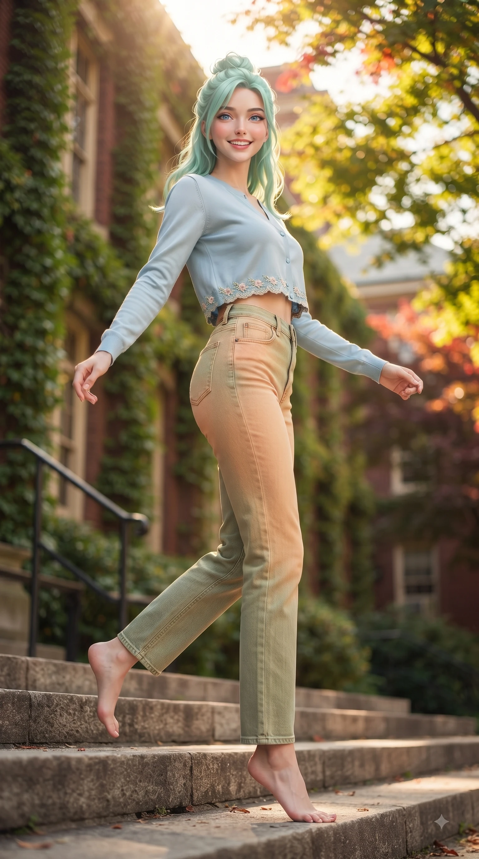 score_9, masterpiece, best quality, ultra-detailed, high-budget anime keyframe, editorial fashion photography, tasteful artistic composition, Japanese woman. low angle full-body shot from head to toe showing her feet, filling the entire 9:16 vertical frame with her statuesque presence, stretching her vertical silhouette. performing a cheerful mid-motion turn with flawless poise, her radiant smile capturing fresh girlhood energy while pivoting dynamically on the stone steps of an ivy-draped academic hall with a radiant girlhood smile. The composition keeps background elements in soft focus with dreamy bokeh. ivy-covered red-brick academic halls and sunlit maple canopies blurring into soft green and gold bokeh. She has an absolutely perfect, statuesque 8.5-heads proportion, an exceptionally tall and slender model-like female figure with impossibly long slender legs and an ultra-slim waist. sharp v-shaped jawline, high-bridge nose, intricate jewel-like eyes with depth, thick eyelashes, glossy lips with a natural sheen, flawlessly proportioned anatomical accuracy, natural body alignment, perfectly sculpted elegant limbs, clean dynamic posture without body distortion. wearing a casual chic pastel blue cropped cardigan with high-rise straight-leg denim jeans in warm apricot and sage green, crafted from smooth fluid silk satin, complemented by delicate embroidered floral trim along the hem, the chic real-way fashion cut emphasizing her effortless charm. illuminated by warm golden sunbursts and bright clear sky refractions. ultra-reflective glossy finish, specular highlights, metallic sheen, high-contrast stereoscopic depth, volumetric dynamic lighting, 2k, ultra detail, master piece, 9:16 ratio