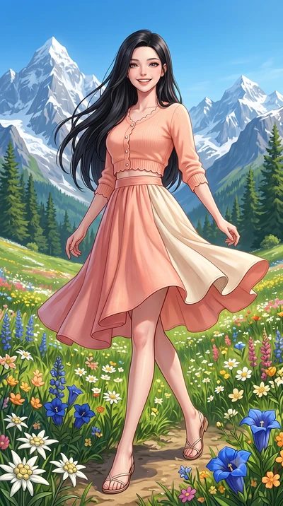 score_9, masterpiece, best quality, ultra-detailed, high-budget anime keyframe, semi-realistic 3D game render, editorial fashion photography, tasteful artistic composition, Korean woman. low angle full-body shot from head to toe showing her feet, fil