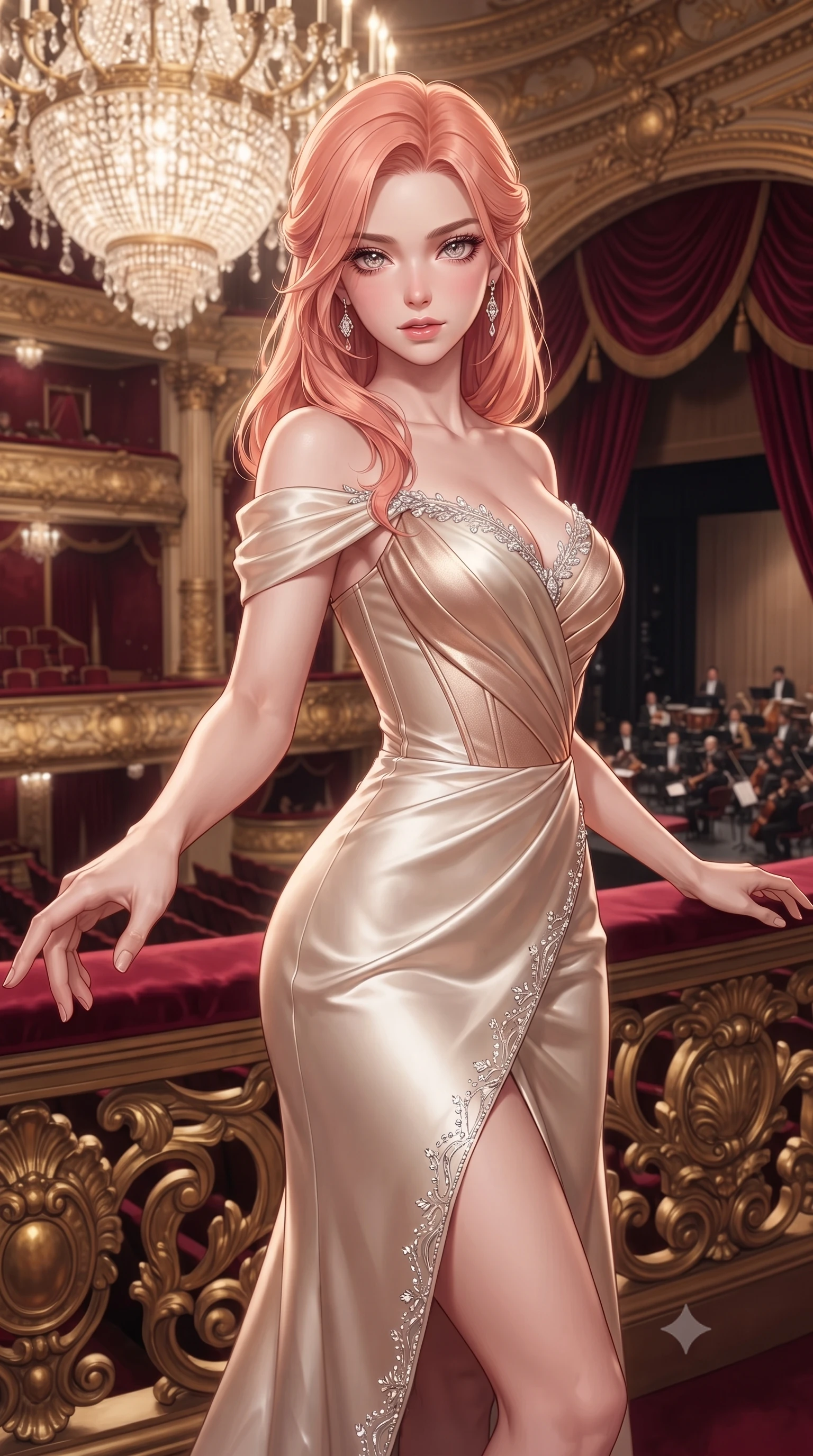 score_9, masterpiece, best quality, ultra-detailed, high-budget anime keyframe, editorial fashion photography, tasteful artistic composition, Japanese woman. close-up cowboy shot from the waist and thighs up, the character dominates the composition, filling the frame with her large presence. extending one slender arm gracefully toward the foreground while casting an affectionate, mesmerizing glance while standing poised on a lavish gilded balcony overlooking a grand opera house bathed in cascading crystal chandelier light. The composition keeps background elements in soft focus with creamy bokeh. plush crimson velvet box curtains and distant orchestra seating softened in luxurious atmospheric depth. She has an exceptionally elegant, slender, and willowy female figure with an ultra-slim waist, a gracefully sculpted slender torso, toned flat midriff, and a refined slim silhouette. sharp v-shaped jawline, high-bridge nose, intricate jewel-like eyes with depth, thick eyelashes, glossy lips with a natural sheen, captivating and magnetic expression, flawlessly proportioned anatomical accuracy, strict slender model proportions, natural body alignment, perfectly sculpted long slender limbs, ultra-slim waistline, clean dynamic posture without body distortion. wearing a statuesque off-shoulder champagne satin gala dress featuring a thigh-high side slit and draped corset bodice in champagne ivory and rose gold, tailored from ultra-smooth duchess satin with a pearlescent sheen, finished with delicate crystal embroidery along the neckline and hem, the liquid-tight tailored fabric emphasizing every curve of her tall, slender model proportions and sculptured silhouette during dynamic movement. surrounded by an aristocratic, majestic, and enchantingly sovereign high-society queen aura. ultra-reflective glossy finish, specular highlights, rich textural contrasts, high-contrast stereoscopic depth, volumetric dynamic lighting, 2k, ultra detail, master piece, 9:16 ratio