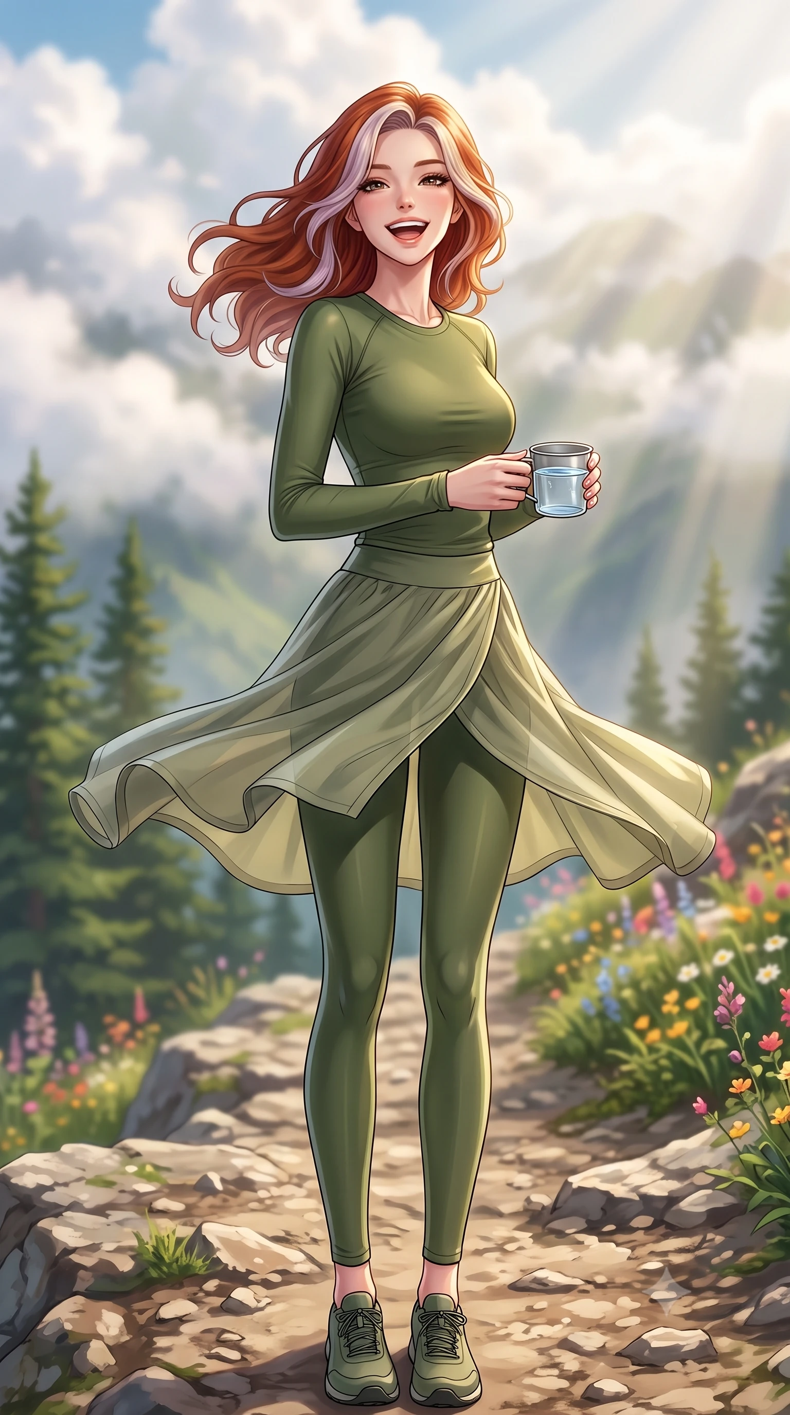 score_9, masterpiece, best quality, ultra-detailed, high-budget anime keyframe, editorial fashion photography, tasteful artistic composition, Caucasian woman. low angle full-body shot from head to toe showing her feet, filling the entire 9:16 vertical frame with her statuesque presence, stretching her vertical silhouette. twirling around with a playful, cute laugh, her skirt billowing beautifully in the air set against a soft-focus background of on a rocky ridge path with green pine trees and wildflowers with a small metal cup of fresh spring water held in her hands. She has an absolutely perfect, statuesque 8.5-heads proportion, an exceptionally tall and slender model-like female figure with impossibly long slender legs and an ultra-slim waist. sharp v-shaped jawline, high-bridge nose, intricate jewel-like eyes with depth, thick eyelashes, glossy lips with a natural sheen. wearing form-contouring tight-fitting athletic long-sleeve top in olive green, paired with form-contouring leggings. soft afternoon sunbeams filtering through passing white mountain clouds. highly saturated vibrant anime colors, detailed shading with soft gradients, rich glossy textures, high-contrast stereoscopic depth, volumetric dynamic lighting, master piece, 9:16 ratio