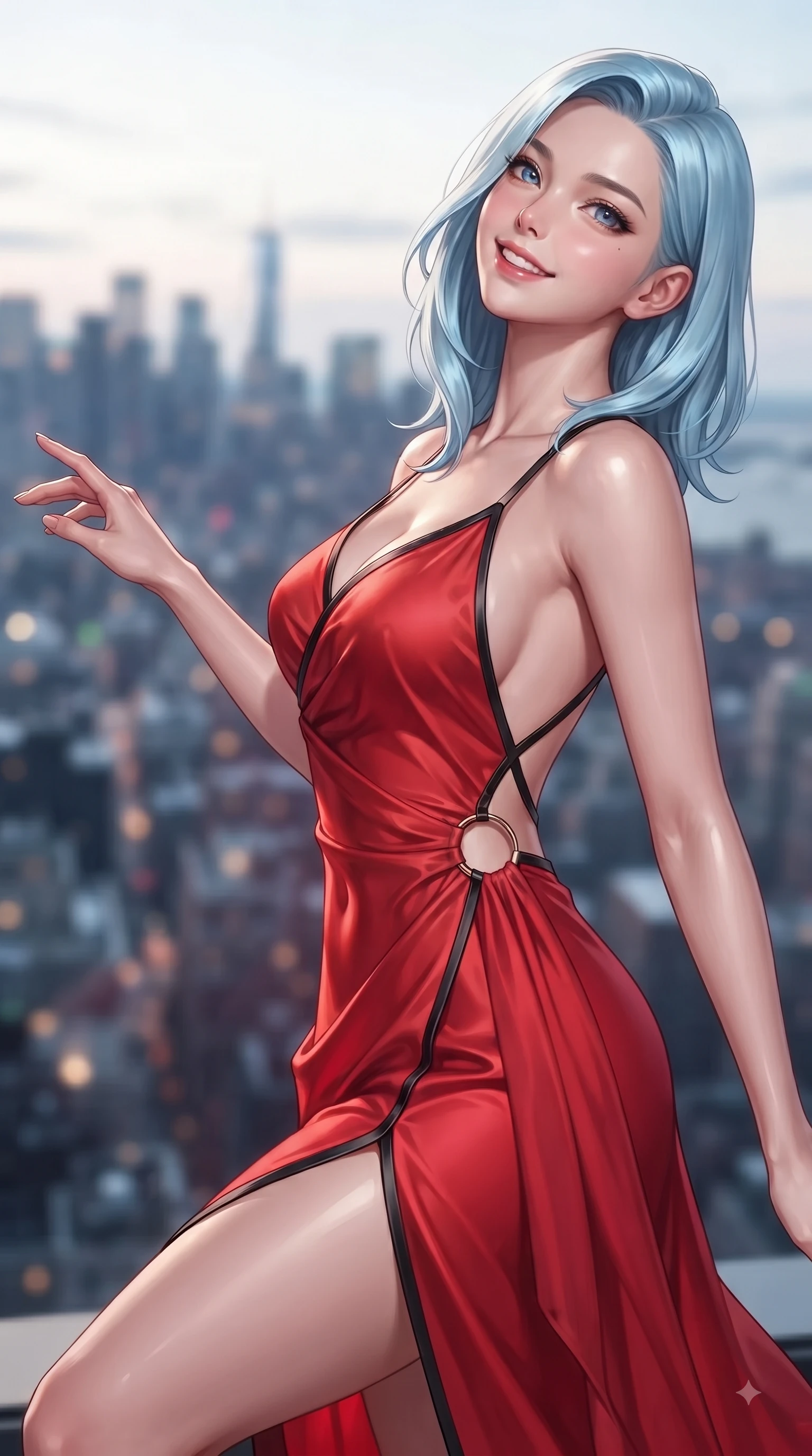 score_9, masterpiece, best quality, ultra-detailed, high-budget anime keyframe, editorial fashion photography, tasteful artistic composition, Korean woman. close-up cowboy shot from the waist and thighs up, the character dominates the composition, filling the frame with her large presence. Tilting her chin up with a sweet beaming smile of pure delight while balancing dynamically amidst the scene while reaching one hand gracefully toward the city skyline view with a magnetic smile. The composition keeps background elements in soft focus with dreamy bokeh. metropolitan skyline outlines blurred into a dramatic evening backdrop. She has an exceptionally elegant, slender, and willowy female figure with an ultra-slim waist, a gracefully sculpted slender torso, and a refined silhouette. sharp v-shaped jawline, high-bridge nose, intricate jewel-like eyes with depth, thick eyelashes, glossy lips with a natural sheen, flawlessly proportioned anatomical accuracy, natural body alignment, perfectly sculpted elegant limbs, clean dynamic posture without body distortion. wearing a precision-fitted liquid satin slip dress with fluid draped lines and an open back in vibrant scarlet red and sleek black trim, crafted from lightweight fluid chiffon, accented with subtle metallic ring hardware framing her waist, the glove-like fit emphasizing her statuesque silhouette during motion. illuminated by crisp specular highlights and clear rim lighting. ultra-reflective glossy finish, specular highlights, metallic sheen, high-contrast stereoscopic depth, volumetric dynamic lighting, 2k, ultra detail, master piece, 9:16 ratio