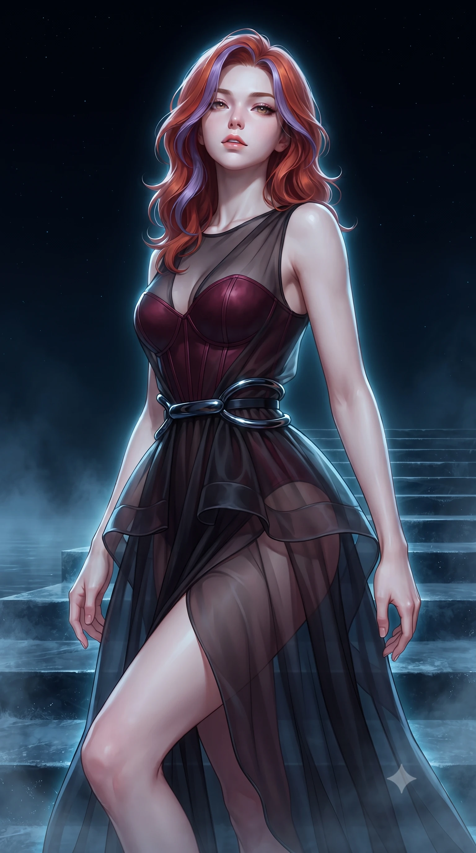 score_9, masterpiece, best quality, ultra-detailed, high-budget anime keyframe, editorial fashion photography, tasteful artistic composition, Caucasian woman. close-up cowboy shot from the waist and thighs up, the character dominates the composition, filling the frame with her large presence, background elements kept in soft focus. Tilting her chin up slightly with lips parted in a composed, mysterious expression, ascending a frozen black ice staircase under a dark polar sky, freezing mist drifting along the mirror-like black ice floor. She has an exceptionally elegant, slender, and willowy female figure with an ultra-slim waist, a gracefully sculpted slender torso, and a refined silhouette. sharp v-shaped jawline, high-bridge nose, intricate jewel-like eyes with depth, thick eyelashes, glossy lips with a natural sheen. wearing semi-opaque sheer dark chiffon gown revealing structured bodice silhouette in deep crimson burgundy, made of sheer dark organza overlay, accented with sculpted obsidian chrome rings at the waist, accentuating her gracefully sculpted slender torso. surrounded by a freezing dark cyan aura with sharp edge highlights. highly saturated vibrant anime colors, detailed shading with soft gradients, rich glossy textures, high-contrast stereoscopic depth, volumetric dynamic lighting, master piece, 9:16 ratio