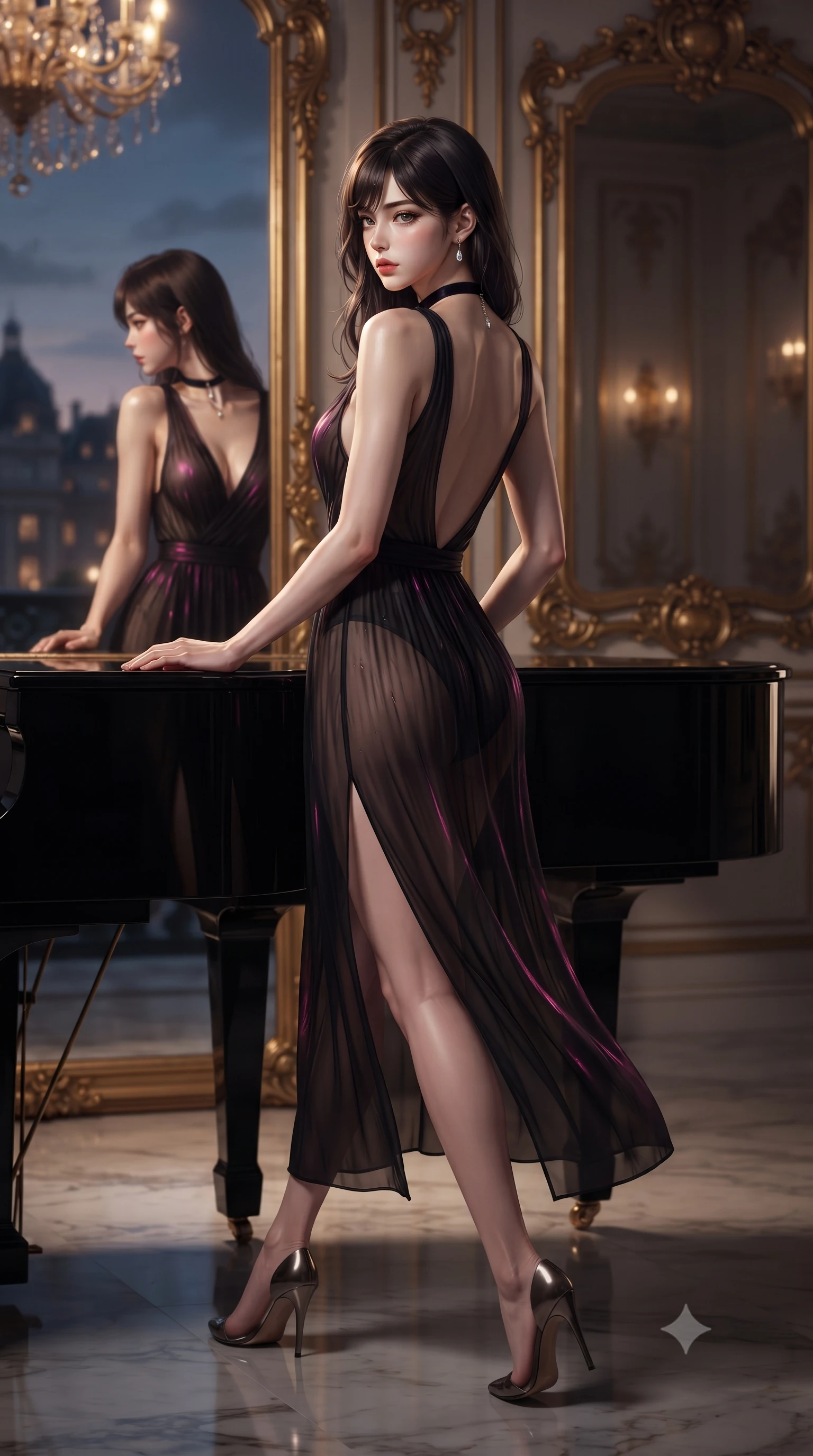 score_9, masterpiece, best quality, ultra-detailed, high-budget anime keyframe, editorial fashion photography, tasteful artistic composition, Korean woman. low angle full-body shot from head to toe showing her feet, filling the entire 9:16 vertical frame with her statuesque presence, stretching her vertical silhouette. walking along the terrace with poise, looking back over her bare shoulder with an irresistible smoldering bedroom-gaze while leaning against the polished black lacquer grand piano with hips cocked back, looking into the mirror with an intoxicating, smoldering gaze. The background shows a soft-focus gilded mirror frame carvings softened in aristocratic imperial shallow focus. She has an absolutely perfect, statuesque 8.5-heads proportion, an exceptionally tall and slender model-like female figure with impossibly long slender legs, an ultra-slim waist, a flat toned midriff, narrow delicate ribcage, and beautifully sculpted feminine hips creating a graceful, slim hourglass silhouette without any bulky heaviness. sharp v-shaped jawline, high-bridge nose, sparkling eyes with hypnotic seductive depth, thick curled eyelashes, glossy parted lips with a natural dewy peach sheen, alluring bedroom-eyes with an enchanting coquettish smile, exuding magnetic siren charisma and sophisticated glamour, flawlessly proportioned anatomical accuracy, strict slender model proportions, natural body alignment, perfectly sculpted long slender limbs, ultra-slim waistline, clean dynamic posture without body distortion. wearing a plunging V-neck rib-knit sweater dress with an open-back scoop and daring side leg slit in wet-look onyx black with electric magenta reflections, made of sheer gossamer chiffon that drapes softly against skin with airy translucence, finished with a thin velvet ribbon choker and a single teardrop diamond pendant, the precision-cut side openings and low-back scoop framing her graceful spine and the sensual sweep of her slim, toned hips. bathed in warm 2700K crystal chandelier radiance combined with soft piano reflection highlights. ultra-reflective glossy finish, specular highlights, rich textural contrasts, high-contrast stereoscopic depth, volumetric dynamic lighting, 2k, ultra detail, master piece, 9:16 ratio
