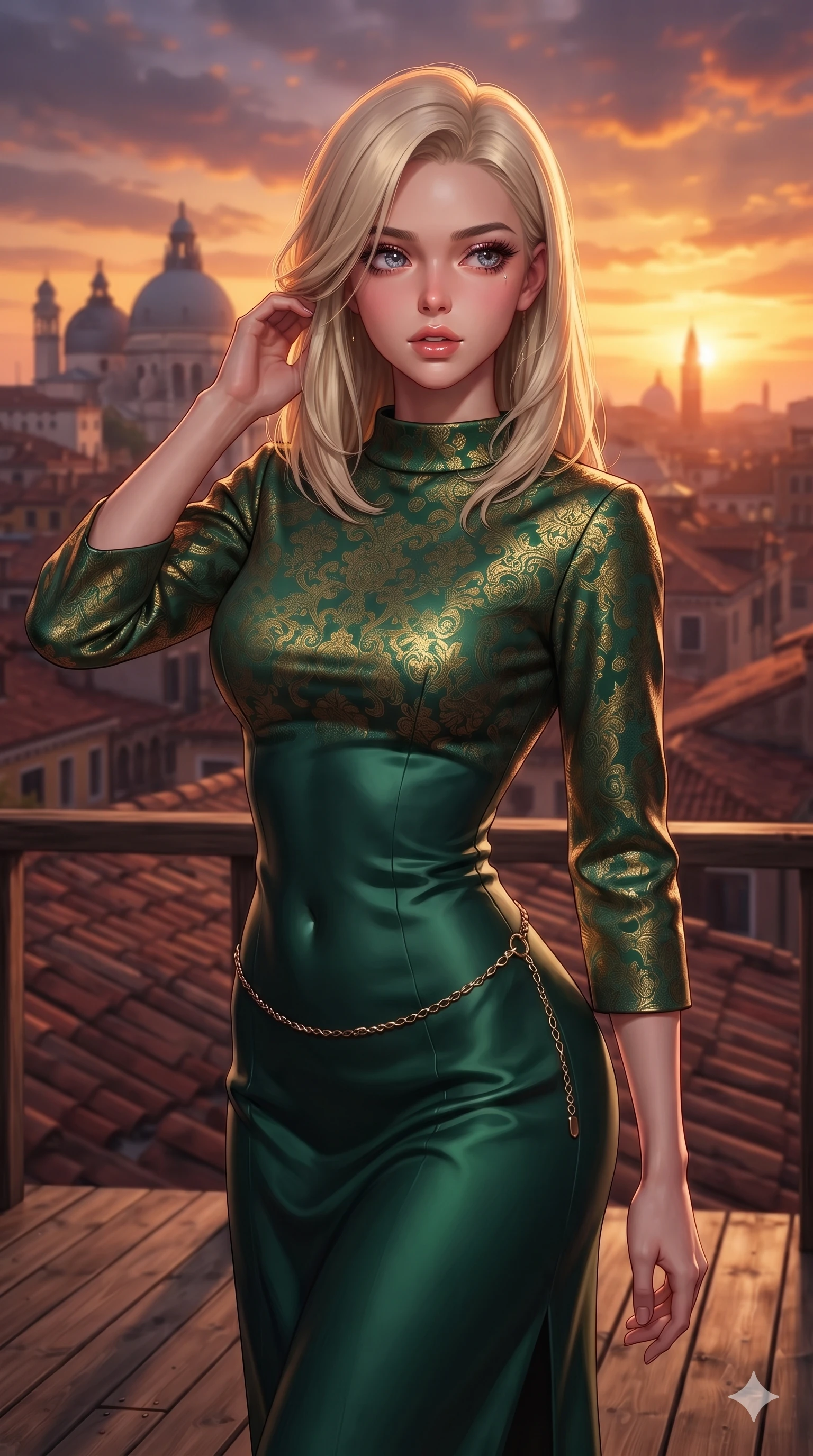 score_9, masterpiece, best quality, ultra-detailed, high-budget anime keyframe, editorial fashion photography, tasteful artistic composition, Caucasian woman. close-up cowboy shot from the waist and thighs up, the character dominates the composition, filling the frame with her large presence. gently brushing a lock of hair behind her ear while casting a playful, flirtatious side-gaze with long eyelashes while standing poised on the high wooden altana terrace above the terracotta rooftops, arching her spine with sovereign glamour as sunset paints the canal domes in fire. The background shows a soft-focus warm rooftop sunset haze softened in Venetian altana terrace shallow focus. She has an exceptionally elegant, slender, and willowy female figure with an ultra-slim waist, flat toned midriff, narrow ribcage, and sculpted feminine hips creating an alluring, slim hourglass silhouette without bulk. sharp v-shaped jawline, high-bridge nose, intricate jewel-like sparkling eyes with depth, thick eyelashes, glossy parted lips with a natural sheen, intensely captivating and seductive bedroom-eyes expression, exuding both youthful cute charm and sovereign luxury allure, flawlessly proportioned anatomical accuracy, strict slender model proportions, natural body alignment, perfectly sculpted long slender limbs, ultra-slim waistline, clean dynamic posture without body distortion. wearing an aristocratic gold-leaf jacquard brocade shift dress with high boat neckline and bracelet sleeves in deep emerald green satin and gold hardware accents, tailored from heavy double-faced silk georgette with an exceptionally fluid drape, accented with a delicate gold chain belt resting loosely on her curvy hips, the impeccably tailored cut draping gracefully along her slender figure with aristocratic poise. illuminated by warm wood deck bounce and sharp copper-violet rim lights sculpting her razor-sharp jawline, narrow waist, and curvy hips. ultra-reflective glossy finish, specular highlights, rich textural contrasts, high-contrast stereoscopic depth, volumetric dynamic lighting, 2k, ultra detail, master piece, 9:16 ratio