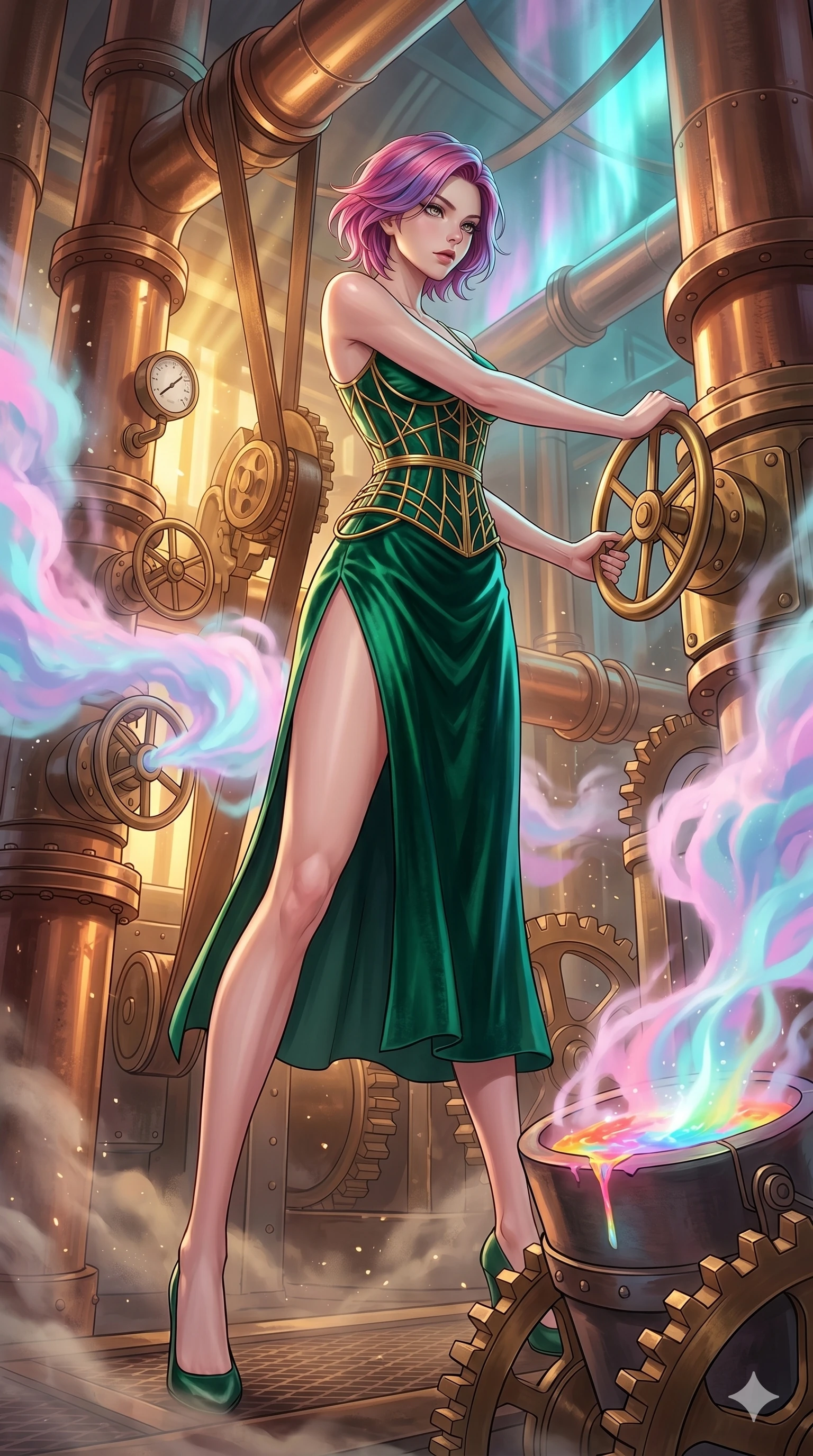 score_9, masterpiece, best quality, ultra-detailed, high-budget anime keyframe, Japanese woman. low angle full-body shot filling the entire 9:16 frame with her statuesque presence, stretching the vertical silhouette. operating a steampunk aurora foundry surrounded by massive copper pipes and leather belts, where pastel aurora gas billows from valves and liquid rainbow energy boils in a crucible. She has an absolutely perfect 8-heads proportion, an exceptionally tall and slender female figure with impossibly long slender legs and an ultra-slim waist. V-shaped jawline, high-bridge nose, intricate jewel-like eyes with depth, thick eyelashes, glossy lips with a natural sheen.. wearing a mathematical gold wire cage corset and an emerald green silk velvet slip dress with a thigh-high side slit. showcasing a beautiful play of light and shadow, with warm golden rays clashing against cool cyan highlights. 2k, ultra detail, master piece, 9:16 ratio