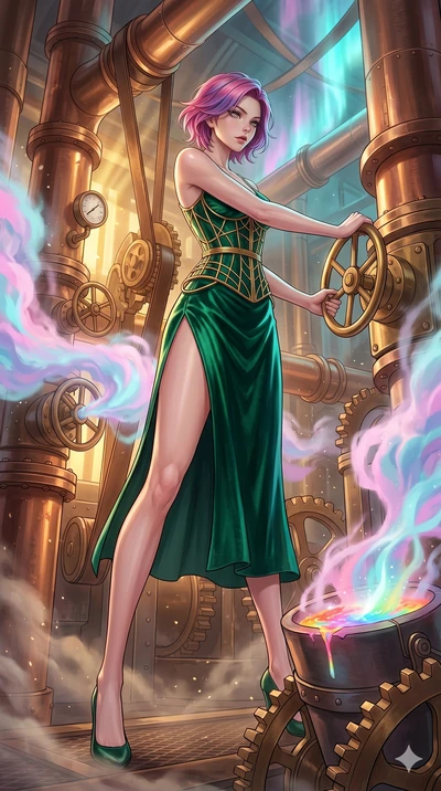 score_9, masterpiece, best quality, ultra-detailed, high-budget anime keyframe, Japanese woman. low angle full-body shot filling the entire 9:16 frame with her statuesque presence, stretching the vertical silhouette. operating a steampunk aurora foun