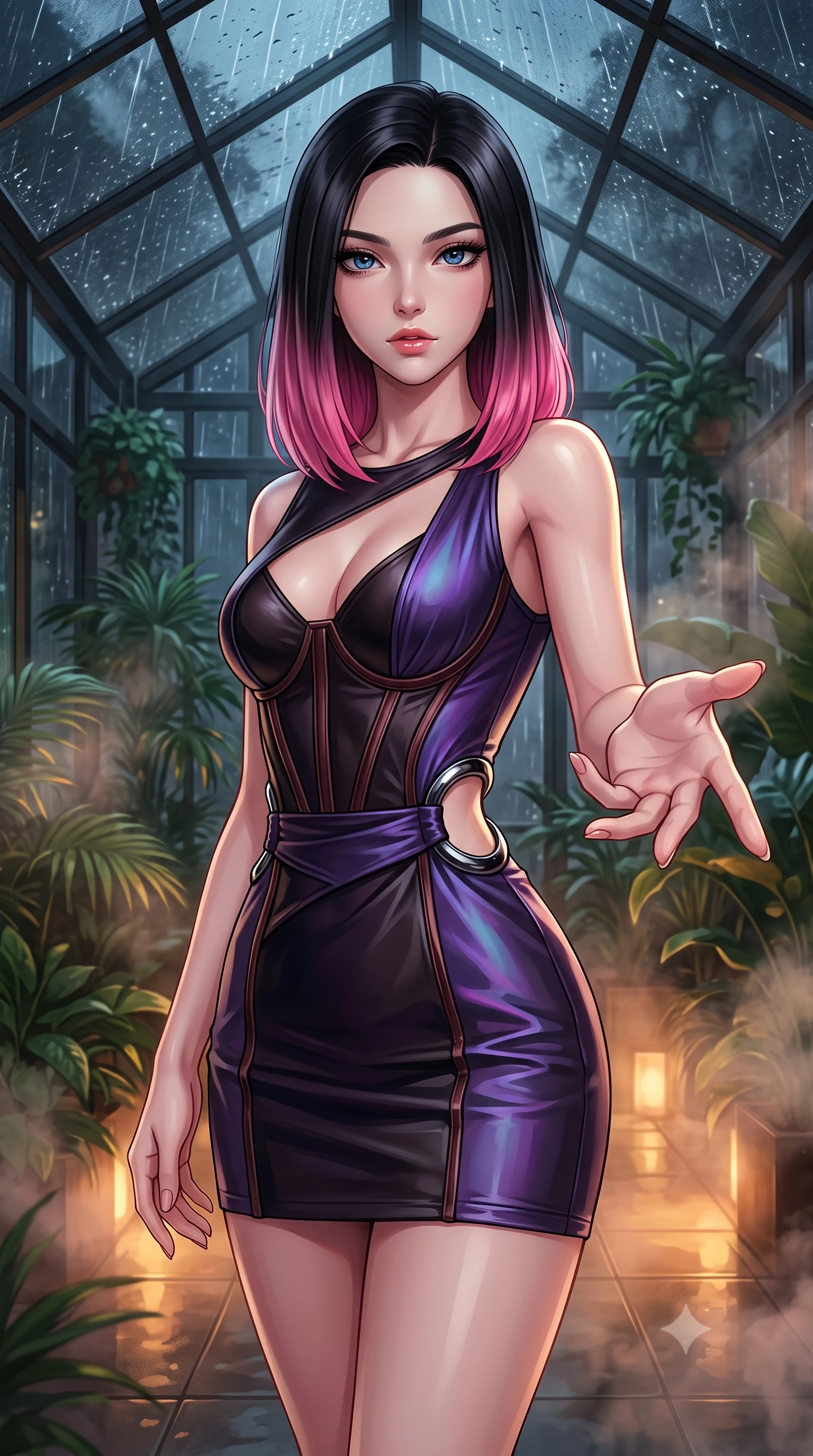 score_9, masterpiece, best quality, ultra-detailed, high-budget anime keyframe, editorial fashion photography, tasteful artistic composition, Korean woman. close-up cowboy shot from the waist and thighs up, the character dominates the composition, filling the frame with her large presence, background elements kept in soft focus. Reaching one hand toward the viewer with relaxed sensual elegance, inside a private greenhouse lounge at 2 AM as torrential rain hits the glass roof, cool night atmosphere outside contrasting with warm humid interior steam. She has an exceptionally elegant, slender, and willowy female figure with an ultra-slim waist, a gracefully sculpted slender torso, and a refined silhouette. sharp v-shaped jawline, high-bridge nose, intricate jewel-like eyes with depth, thick eyelashes, glossy lips with a natural sheen. wearing architectural cut-out dark leather mini dress with sculpted metallic boning in dark mahogany, made of iridescent dark violet taffeta, accented with sculpted obsidian chrome rings at the waist, the fitted fabric emphasizing her ultra-slim waist. illuminated by warm amber floor lights filtering through tropical greenery. highly saturated vibrant anime colors, detailed shading with soft gradients, rich glossy textures, high-contrast stereoscopic depth, volumetric dynamic lighting, master piece, 9:16 ratio