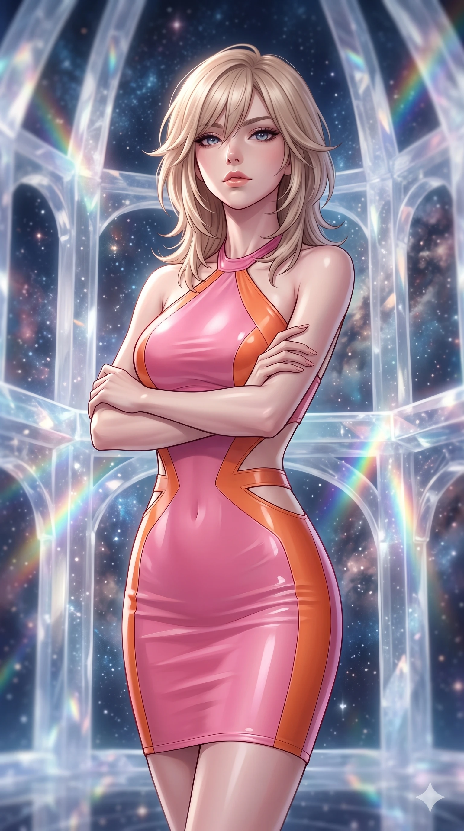 score_9, masterpiece, best quality, ultra-detailed, high-budget anime keyframe, editorial fashion photography, tasteful artistic composition, Japanese woman. close-up cowboy shot from the waist and thighs up, the character dominates the composition, filling the frame with her large presence, background elements kept in soft focus. Crossing her arms with serene confidence and chin slightly raised. set against a soft-focus background of a palace carved from the translucent interior of a crystal moon whose walls of clear selenite reveal the star-filled cosmos outside with chambers connected by prismatic crystal bridges and arches. She has an exceptionally elegant and slender, willowy female figure with an ultra-slim waist, a gracefully sculpted slender torso, and a refined slim physique. sharp v-shaped jawline, high-bridge nose, intricate jewel-like eyes with depth, thick eyelashes, glossy lips with a natural sheen. wearing a latex-effect bodycon dress in a pink and orange color-block, featuring side torso cutouts and a halter neckline. starlight filtering through the translucent crystal moon walls creating soft prismatic illumination inside with concentrated rainbow beams at crystal intersection points. 2k, ultra detail, master piece, 9:16 ratio