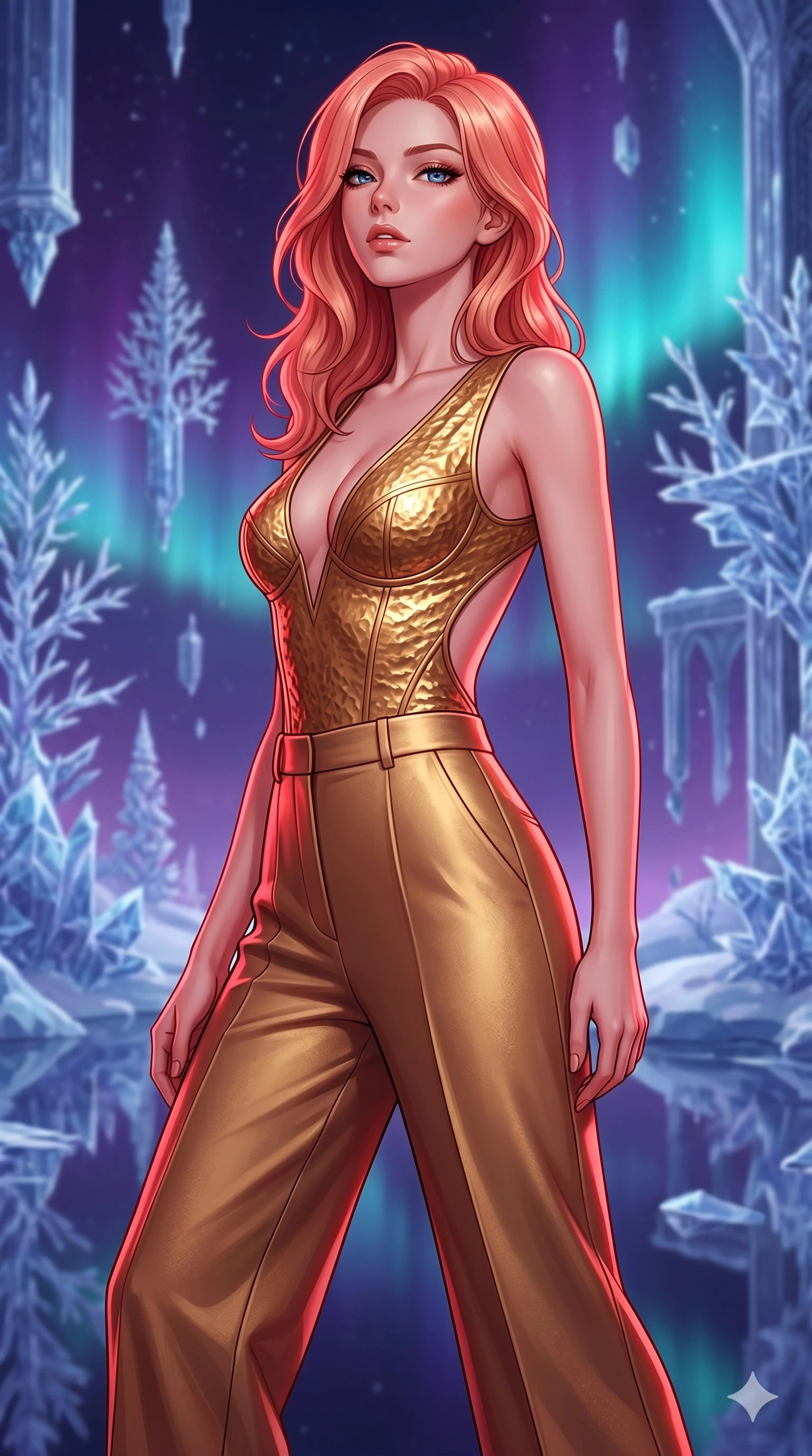 score_9, masterpiece, best quality, ultra-detailed, high-budget anime keyframe, editorial fashion photography, tasteful artistic composition, Japanese woman. cowboy shot from the thighs up, character and outfit filling the frame for maximum editorial presence. Tilting her chin up slightly with lips parted in a composed expression within a dreamlike floating winter kingdom with frozen crystal trees and aurora skies. She has an absolutely perfect 8-heads proportion, an exceptionally tall and slender female figure with impossibly long slender legs and an ultra-slim waist. V-shaped jawline, high-bridge nose, intricate jewel-like eyes with depth, thick eyelashes, glossy lips with a natural sheen. wearing a sleeveless deep-V bodysuit in hammered gold with sculptural bust seaming and a bold open-back design descending to the lower back, paired with sharply tailored high-waist wide-leg trousers. drenched in deep crimson theatrical lighting with sharp specular highlights on every curve. 2k, ultra detail, master piece, 9:16 ratio
