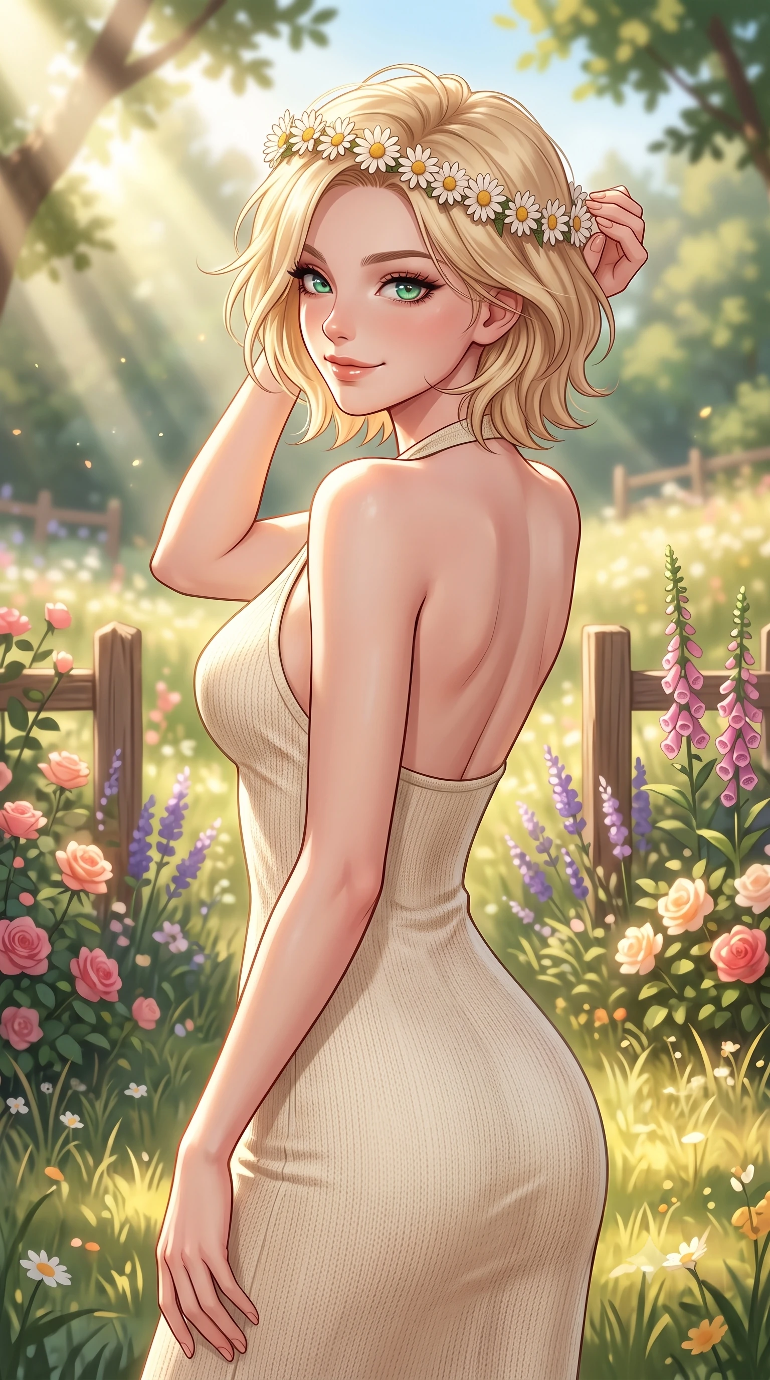 score_9, masterpiece, best quality, ultra-detailed, high-budget anime keyframe, editorial fashion photography, tasteful artistic composition, Caucasian woman. close-up cowboy shot from the waist and thighs up, the character dominates the composition, filling the frame with her large presence, background elements kept in soft focus. smiling with a playful and cute half-smile, glancing sidelong over her shoulder set against a soft-focus background of in a lovely cottage garden filled with mixed cottage flowers and wooden fences holding a delicate crown of daisies on her head, smiling cutely. She has an exceptionally elegant, slender, and willowy female figure with an ultra-slim waist, a gracefully sculpted slender torso, and a refined silhouette. sharp v-shaped jawline, high-bridge nose, intricate jewel-like eyes with depth, thick eyelashes, glossy lips with a natural sheen. wearing tailored sleek, tight-fitting knit halter dress in cream, tracing her slender silhouette. volumetric sunbeams slicing through tree edges onto the grassy meadow. highly saturated vibrant anime colors, detailed shading with soft gradients, rich glossy textures, high-contrast stereoscopic depth, volumetric dynamic lighting, master piece, 9:16 ratio