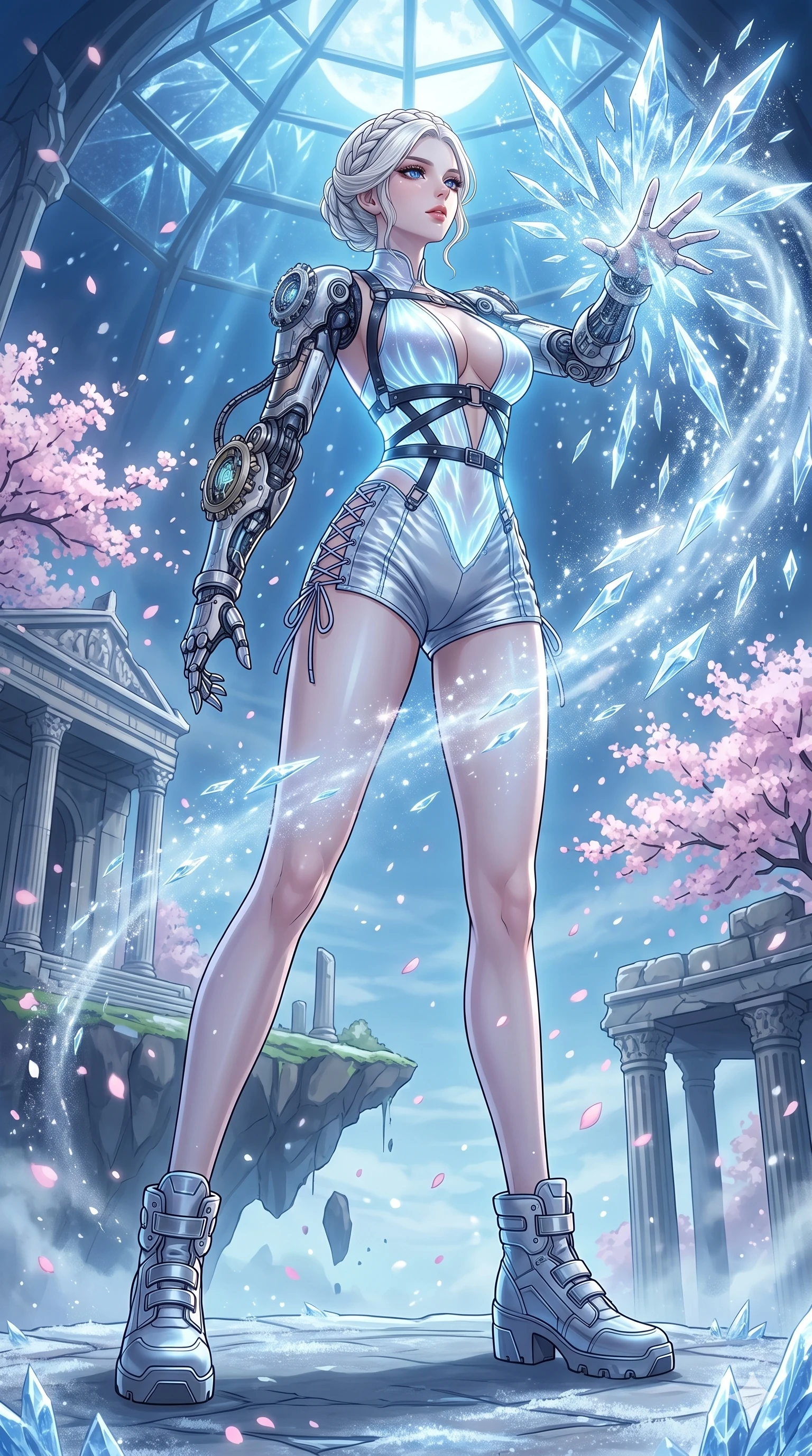 score_9, masterpiece, best quality, ultra-detailed, High-budget Anime Keyframe, vibrant colors, fluid line-art, expressive lighting, cinematic composition, Ufotable-style visual effects, top-tier animation quality, Japanese woman with delicate and elegant anime-inspired features. Wide-angle low shot emphasizing her impossibly long slender legs and commanding stature. Casting a powerful ice spell that instantly turns the humid air into a storm of sharp, glittering ice crystals. She has an absolutely perfect 8-heads proportion, an exceptionally tall and slender female figure with impossibly long slender legs and an ultra-slim waist, her statuesque height and towering silhouette dominating the vertical 9:16 frame. Her face is a masterpiece featuring a sharp v-shaped jawline, high-bridge nose, intricate jewel-like eyes with depth, thick eyelashes, and glossy lips with a natural sheen. She is wearing a Cyber-augmented streetwear featuring mechanical arm parts and a micro-shorts/harness combo crafted from Bioluminescent silk that emits a soft, ethereal glow from within the fabric, featuring a deep plunging neckline and delicate lace-up side details. The scene is set in an ancient floating island with pink cherry blossoms falling like snow against a blue sky, illuminated by ethereal moonlight filtering through a crystalline canopy, creating soft highlights. 2k, ultra detail, master piece, 9:16 ratio