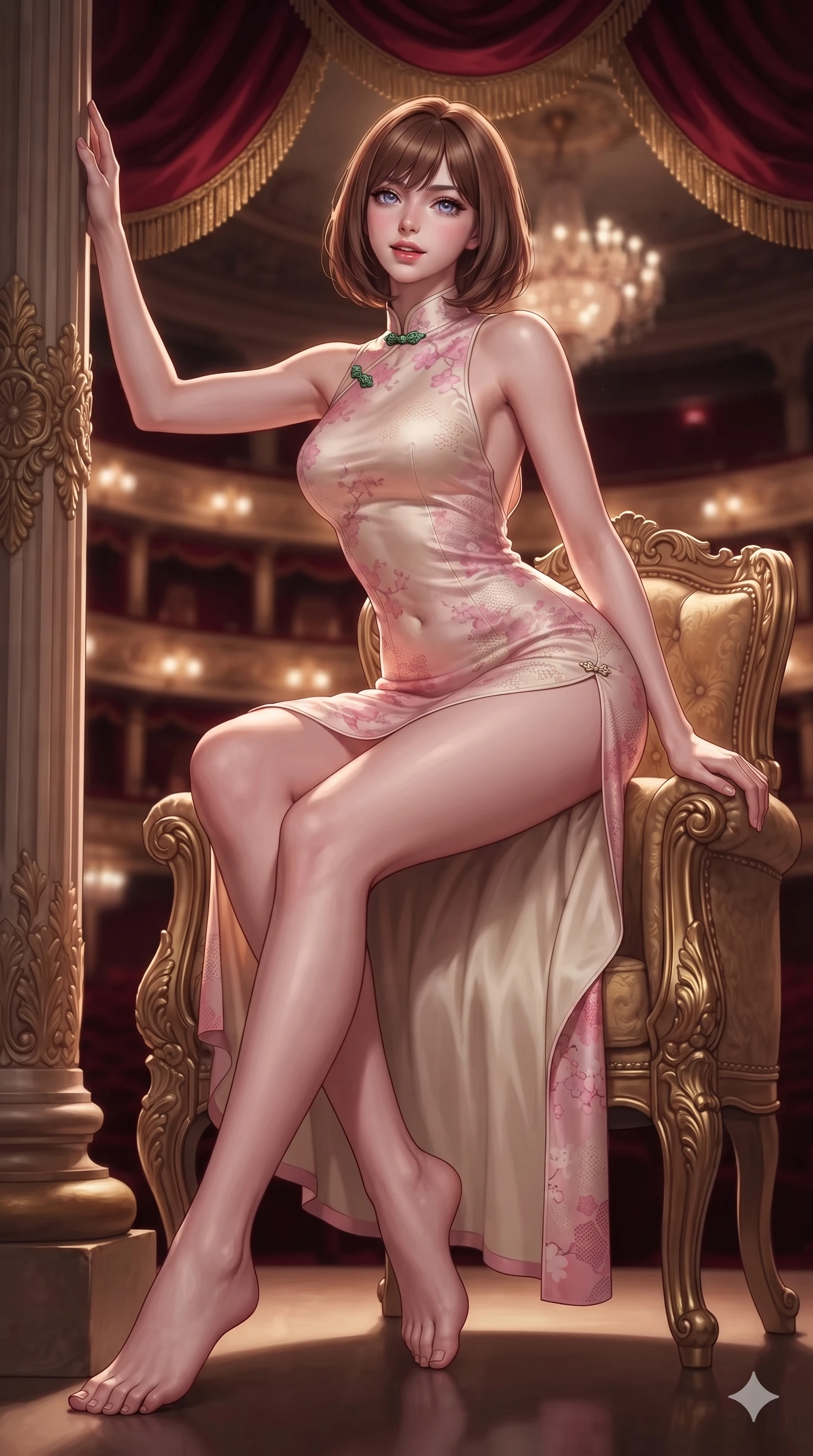 score_9, masterpiece, best quality, ultra-detailed, high-budget anime keyframe, editorial fashion photography, tasteful artistic composition, Caucasian woman. low angle full-body shot from head to toe showing her feet, filling the entire 9:16 vertical frame with her statuesque presence, stretching her vertical silhouette. standing tall beside the carved palazzo column, one hand resting high while arching her lower back to emphasize her sculpted feminine hips and slender waist while sitting poised in the high-backed gilded opera armchair with legs crossed, flashing an enchanting, dangerous smile with parted glossy lips. The background shows a soft-focus plush crimson velvet curtain swags with gold bullion fringe, tiers of illuminated opera house loges, and crystal chandelier haze blurred into crimson, gold, and charcoal bokeh. She has an exceptionally tall and slender model-like 8.5-heads proportion, an ultra-slim waist, a flat toned midriff, narrow delicate ribcage, and beautifully sculpted feminine hips creating a graceful, slim hourglass silhouette without any bulky heaviness, with impossibly long slender legs. sharp v-shaped jawline, high-bridge nose, intricate jewel-like sparkling eyes with depth, thick eyelashes, glossy parted lips with a natural sheen, intensely captivating and seductive bedroom-eyes expression, exuding both youthful cute charm and sovereign luxury allure, flawlessly proportioned anatomical accuracy, strict slender model proportions, natural body alignment, perfectly sculpted long slender limbs, ultra-slim waistline, clean dynamic posture without body distortion. wearing a form-contouring gossamer silk chiffon slip dress with a hip-high slit and open cowl back clinging with dewy moisture in sakura blossom pink and warm ivory, made of delicate semi-sheer nanotech mesh with microscopic hexagonal weaves, finished with sleek jade frog closures glinting along her high collar, the form-contouring cut accentuating her sculpted flat midriff, narrow delicate ribcage, and gracefully curvy hips with intoxicating allure. illuminated by velvet railing bounce and sharp gold-crimson rim lights defining her razor-sharp jawline, narrow waist, and curvy hips. ultra-reflective glossy finish, specular highlights, rich textural contrasts, high-contrast stereoscopic depth, volumetric dynamic lighting, 2k, ultra detail, master piece, 9:16 ratio