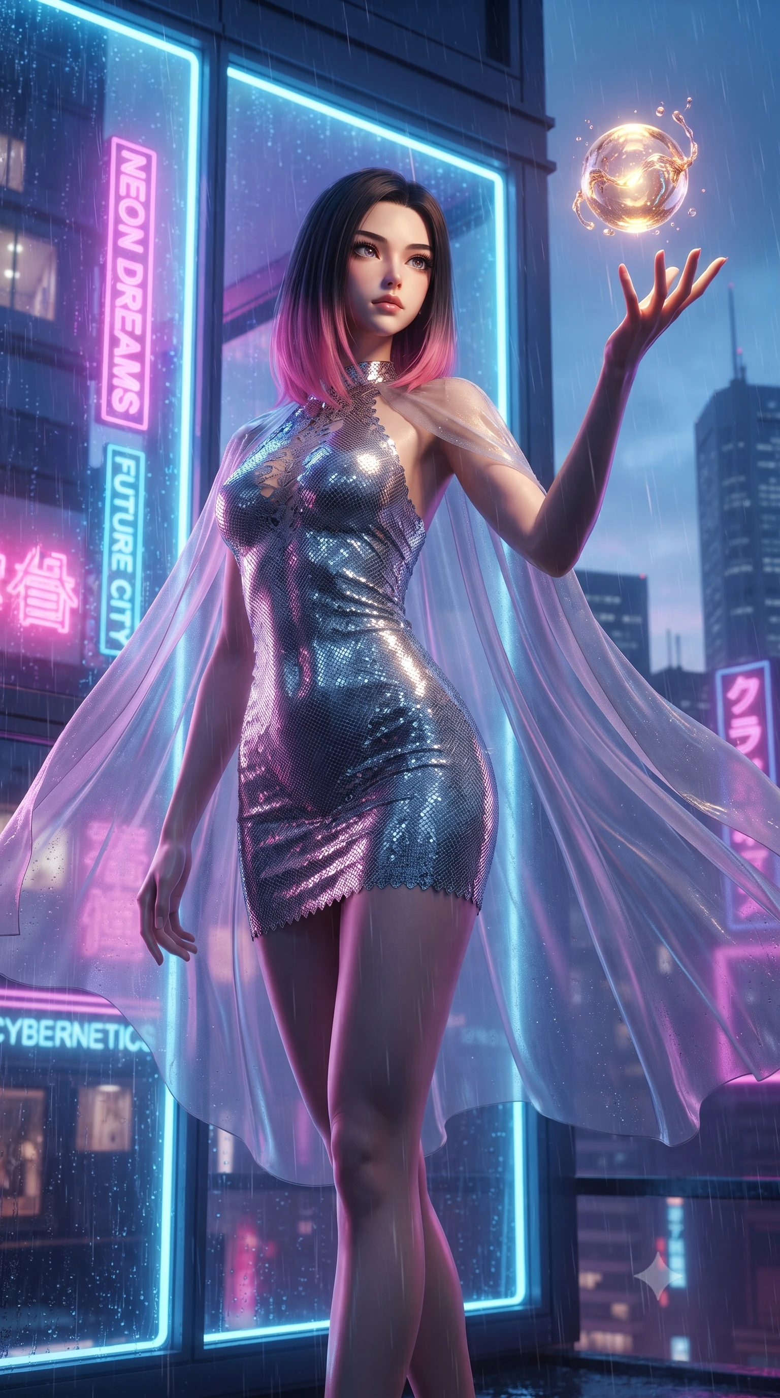 score_9, masterpiece, best quality, ultra-detailed, High-budget Anime Keyframe, editorial fashion photography, tasteful artistic composition, realistic cosplay photography, East Asian woman. Dynamic full-body shot stretching the vertical silhouette to the limit. Scenario 470: reaching out to catch a floating sphere of liquid light in a glowing neon window at twilight with soft rain falling. Her presence is magnetic and overpowering in this high-budget cinematic scene. Outfit 470: a body-hugging liquid silver micro-mesh lace mini dress draped with a semi-transparent chiffon cape. The clothing is designed to emphasize her exceptionally tall and slender 8-heads proportion. 8-heads proportion, towering silhouette, ultra-slim waist. sharp v-shaped jawline, intricate jewel-like eyes with depth, thick eyelashes, glossy lips. ultra-reflective glossy finish, specular highlights, metallic sheen, high-contrast stereoscopic depth, volumetric dynamic lighting, 2k, ultra detail, master piece, 9:16 ratio
