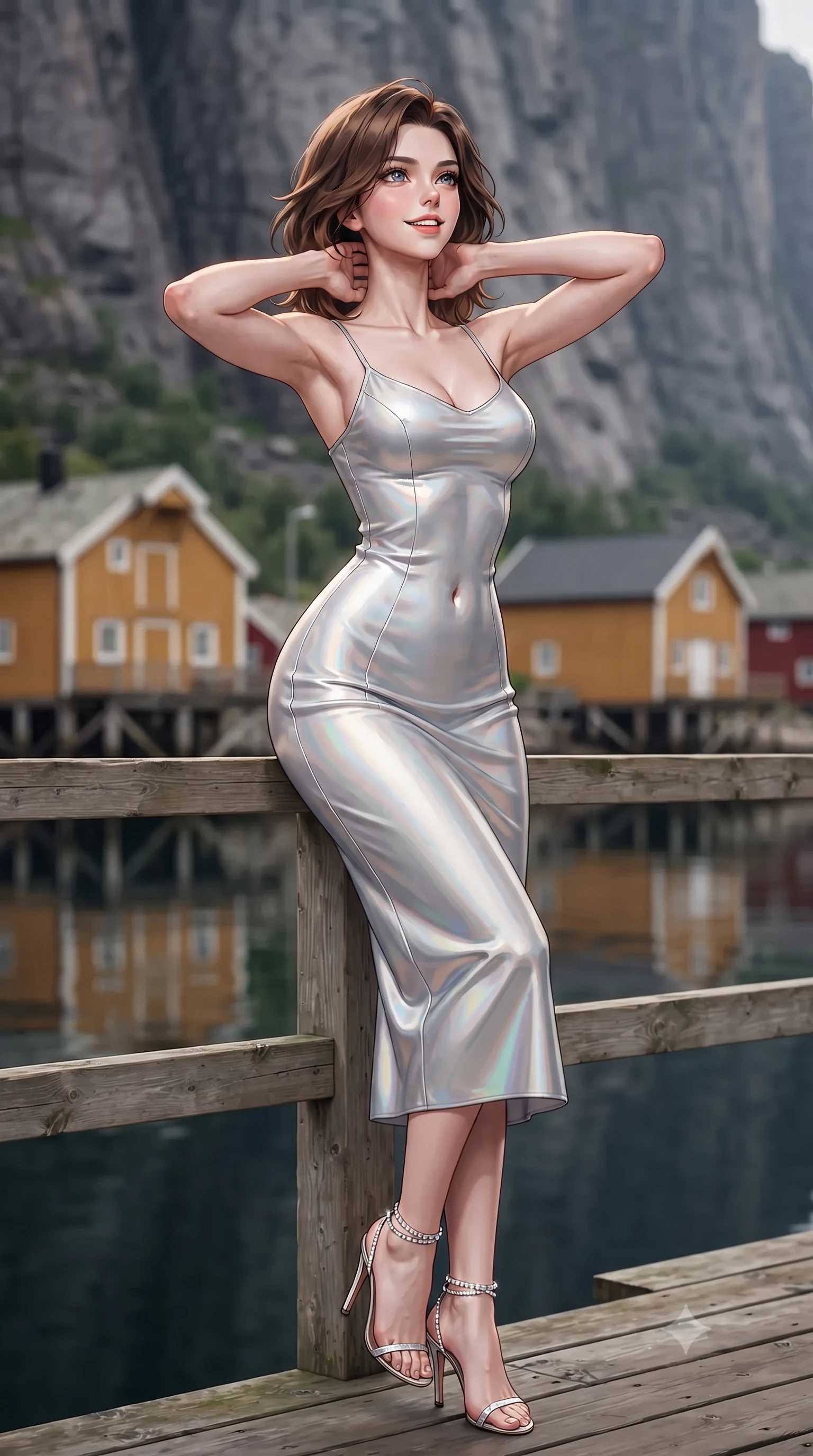 score_9, masterpiece, best quality, ultra-detailed, high-budget anime keyframe, editorial fashion photography, tasteful artistic composition, Korean woman. close-up cowboy shot from the waist and thighs up, the character dominates the composition, filling the frame with her large presence. resting both hands lightly behind her neck with elbows raised, arching her spine to highlight her narrow waist, flat midriff, and breathtaking collarbones while leaning against the rustic timber railing with hips cocked back, looking up at the 800-meter vertical rock walls sheltering the harbor with smoldering bedroom-eyes. The background shows a soft-focus historic 19th-century ochre wooden cabins on stilts, mirror harbor water reflections, and sheer vertical granite cliffs blurred into ochre, charcoal, and emerald bokeh. She has an exceptionally elegant, slender, and willowy female figure with an ultra-slim waist, flat toned midriff, narrow ribcage, and sculpted feminine hips creating an alluring, slim hourglass silhouette without bulk. sharp v-shaped jawline, high-bridge nose, intricate jewel-like sparkling eyes with depth, thick eyelashes, glossy parted lips with a natural peach sheen, bright cheerful beaming smile with an enchanting and coquettish sensual glint, exuding both youthful cute charm and seductive allure, flawlessly proportioned anatomical accuracy, strict slender model proportions, natural body alignment, perfectly sculpted long slender limbs, ultra-slim waistline, clean dynamic posture without body distortion. wearing a sculpted liquid satin bias-cut slip dress tailored with contouring seams that adhere flawlessly over her feminine hips in iridescent mother-of-pearl and liquid molten silver, crafted from fluid liquid silk satin that clings smoothly to her narrow waist and rounded hips with a dewy sheen, complemented by strappy stiletto sandals with crystal ankle wraps accentuating her slender calves, the bespoke structured tailoring following the natural line of her 8.5-heads silhouette with refined elegance. illuminated by harbor water reflection fill and sharp amber-platinum rim lights defining her razor-sharp jawline, narrow waist, and curvy hips. ultra-reflective glossy finish, specular highlights, rich textural contrasts, high-contrast stereoscopic depth, volumetric dynamic lighting, 2k, ultra detail, master piece, 9:16 ratio