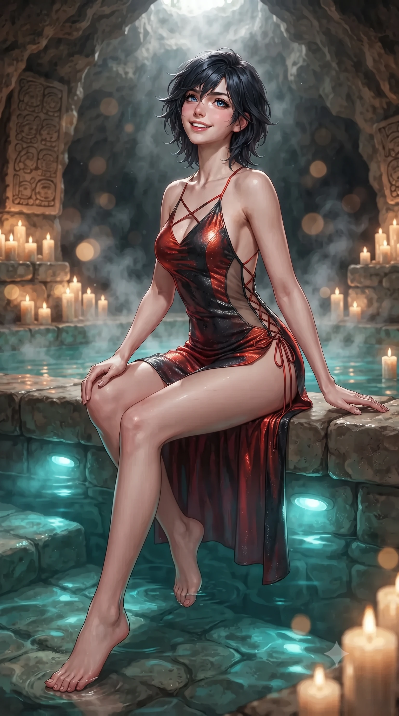 score_9, masterpiece, best quality, ultra-detailed, high-budget anime keyframe, editorial fashion photography, tasteful artistic composition, Caucasian woman. low angle full-body shot from head to toe showing her feet, filling the entire 9:16 vertical frame with her statuesque presence, stretching her vertical silhouette. sitting poised on the stone steps with one knee bent, arching her spine with supermodel elegance as she glances upward through thick eyelashes while standing poised on the heated fossilized coral stone floor beside the thermal mineral plunge pool inside the natural cave, arching her spine with wet-look siren grace. The background shows a soft-focus natural vaulted limestone cave ceilings with carved Mayan glyphs, flickering candles on stone ledges, and fragrant rising steam blurred into turquoise, amber, and cream bokeh. She has an exceptionally tall and slender model-like 8.5-heads proportion, an ultra-slim waist, a flat toned midriff, narrow delicate ribcage, and beautifully sculpted feminine hips creating a graceful, slim hourglass silhouette without any bulky heaviness, with impossibly long slender legs. sharp v-shaped jawline, high-bridge nose, intricate jewel-like sparkling eyes with depth, thick eyelashes, glossy parted lips with a natural peach sheen, bright cheerful beaming smile with an enchanting and coquettish sensual glint, exuding both youthful cute charm and seductive allure, flawlessly proportioned anatomical accuracy, strict slender model proportions, natural body alignment, perfectly sculpted long slender limbs, ultra-slim waistline, clean dynamic posture without body distortion. wearing a backless liquid lamé mini dress with criss-cross spinal straps and daring side slit in Reinefjorden rorbu vermilion red and obsidian granite, featuring strategic sheer-illusion tulle side panels framing her ribcage and hips, featuring fine criss-cross lace-up side ties revealing tantalizing glimpses of her hip curve, the impeccably tailored cut draping gracefully along her slender figure with aristocratic poise. bathed in underwater pool turquoise LEDs combined with hundreds of warm 2200K wax candle flames lining cave niches. ultra-reflective glossy finish, specular highlights, rich textural contrasts, high-contrast stereoscopic depth, volumetric dynamic lighting, 2k, ultra detail, master piece, 9:16 ratio