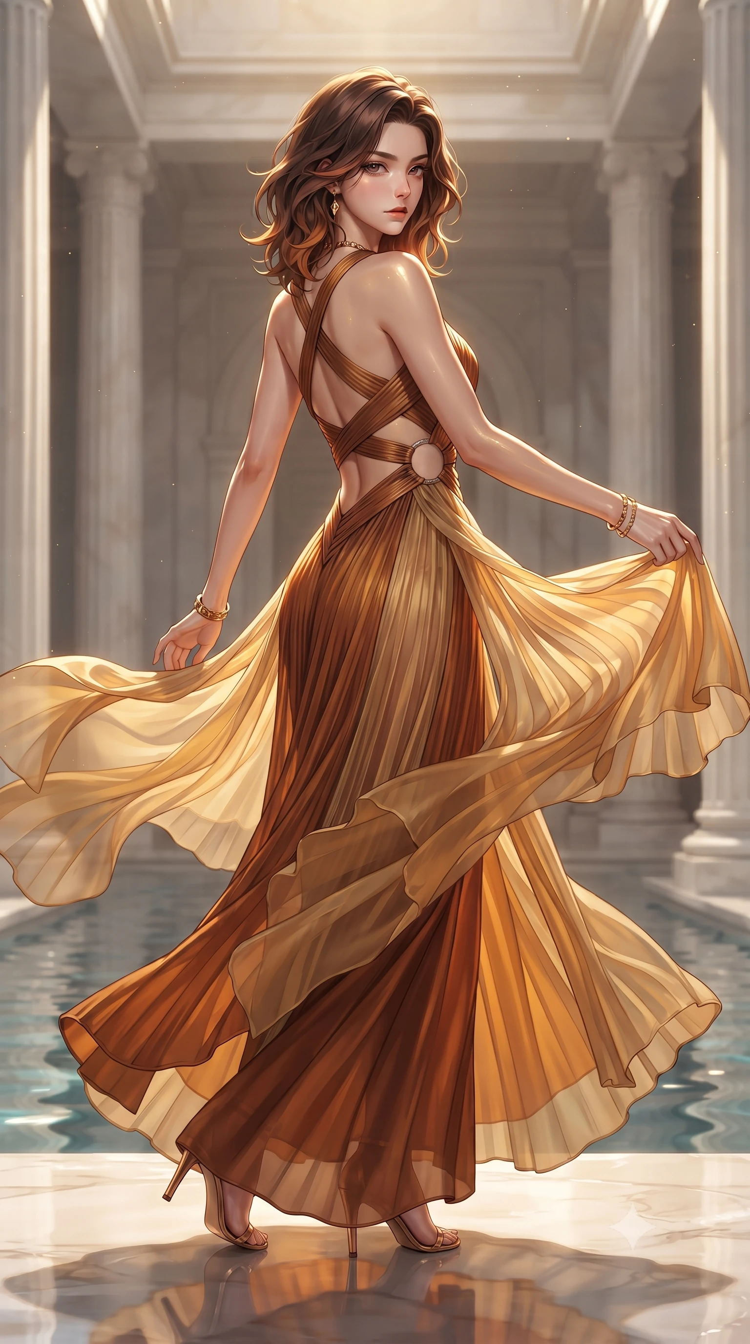 score_9, masterpiece, best quality, ultra-detailed, high-budget anime keyframe, editorial fashion photography, tasteful artistic composition, Korean woman. low angle full-body shot from head to toe showing her feet, filling the entire 9:16 vertical frame with her statuesque presence, stretching her vertical silhouette. executing an elegant mid-motion pivot turn as garments swirl around her slender limbs, glancing over her shoulder with an intoxicating bedroom-gaze while pivoting gracefully on the polished alabaster temple floor, her sheer pleated gold drapery swirling around her statuesque hips and long legs. The surrounding environment is rendered in vivid detail and crisp panoramic clarity. detailed hammered gold jewelry textures, pleated linen weave, and temple water reflections in high clarity. She has an absolutely perfect, statuesque 8.5-heads proportion, an exceptionally tall and slender model-like female figure with impossibly long slender legs, a toned flat midriff, an ultra-slim waist, and beautifully sculpted feminine hips. sharp v-shaped jawline, high-bridge nose, intricate jewel-like eyes with depth, thick eyelashes, glossy parted lips with a natural sheen, intensely captivating and seductive bedroom-eyes expression, flawlessly proportioned anatomical accuracy, strict slender model proportions, natural body alignment, perfectly sculpted long slender limbs, ultra-slim waistline, clean dynamic posture without body distortion. wearing a modern goddess one-shoulder liquid-knit gown with an exposed midriff ring cutout in rich copper bronze and warm amber, woven from lightweight airy silk chiffon with a weightless sweeping drape, finished with criss-cross back straps highlighting her graceful shoulder blades, the precision-cut side openings and low-back scoop framing her graceful spine and the sensual sweep of her hips. illuminated by intense golden specular reflections sculpting her bare collarbones, ultra-slim waist, and curvy hips. ultra-reflective glossy finish, specular highlights, rich textural contrasts, high-contrast stereoscopic depth, volumetric dynamic lighting, 2k, ultra detail, master piece, 9:16 ratio