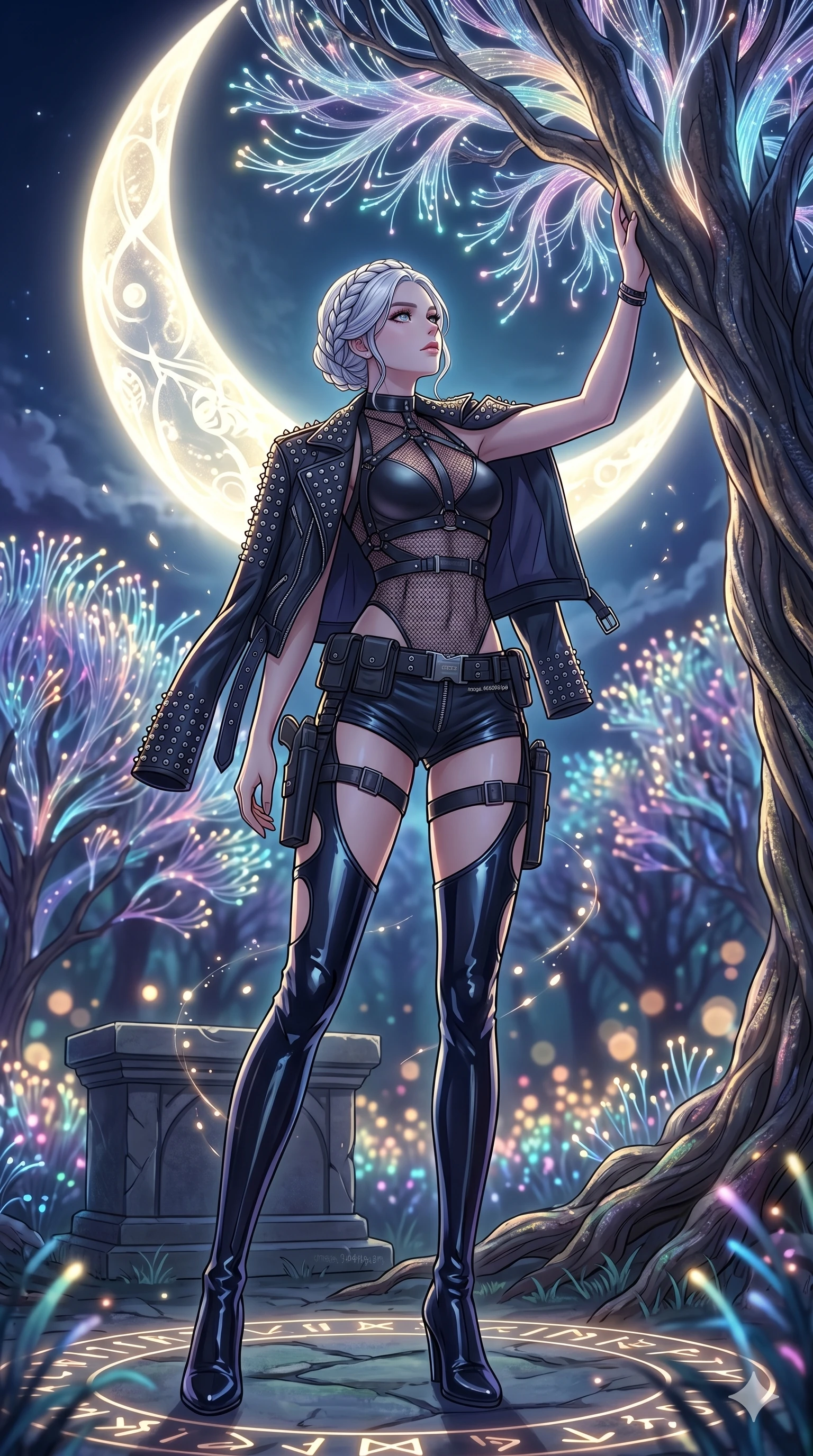 score_9, masterpiece, best quality, ultra-detailed, High-budget Anime Keyframe, vibrant colors, fluid line-art, expressive lighting, cinematic composition, Ufotable-style visual effects, top-tier animation quality, Japanese woman with delicate and elegant anime-inspired features. Low angle cowboy shot filling the entire 9:16 frame with her statuesque presence, looking up to emphasize her height. Communing with a ancient tree whose leaves are made of translucent fiber-optics. She has an absolutely perfect 8-heads proportion, an exceptionally tall and slender female figure with impossibly long slender legs and an ultra-slim waist, her statuesque height and towering silhouette dominating the vertical 9:16 frame. Her face is a masterpiece featuring a sharp v-shaped jawline, high-bridge nose, intricate jewel-like eyes with depth, thick eyelashes, and glossy lips with a natural sheen. She is wearing a Leather harness over a mesh bodysuit with zip-up micro-shorts and tactical belts, studded biker jacket draped over shoulders, and thigh-high patent leather boots, featuring strategic side cut-outs.. The scene is set in a mystical grove under a giant glowing moon that illuminates the fiber-optic flora. 2k, ultra detail, master piece, 9:16 ratio