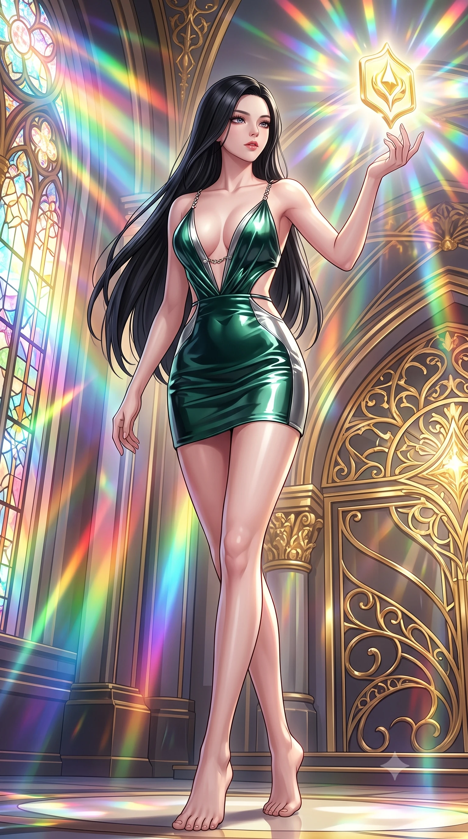 score_9, masterpiece, best quality, ultra-detailed, high-budget anime keyframe, editorial fashion photography, tasteful artistic composition, Korean woman. low angle full-body shot from head to toe showing her feet, filling the entire 9:16 vertical frame with her statuesque presence, stretching her vertical silhouette. navigating the luminous space with effortless poise, displaying her perfect model proportions touching a floating golden icon surrounded by kaleidoscope light rays, golden filigree details on the architecture shining with brilliant luster. She has an absolutely perfect, statuesque 8.5-heads proportion, an exceptionally tall and slender model-like female figure with impossibly long slender legs and an ultra-slim waist. sharp v-shaped jawline, high-bridge nose, intricate jewel-like eyes with depth, thick eyelashes, glossy lips with a natural sheen. wearing a liquid mercury gloss mini dress with ultra-deep V-neck and waist cutouts in deep emerald green and silver accent, tailored from high-gloss patent leather, adorned with delicate metallic chain straps along the neckline, the elegant draped fit framing her graceful clavicle and slender torso. bathed in cascading rainbow prismatic light refracting through stained glass. highly saturated vibrant anime colors, detailed shading with soft gradients, rich glossy textures, high-contrast stereoscopic depth, volumetric dynamic lighting, master piece, 9:16 ratio