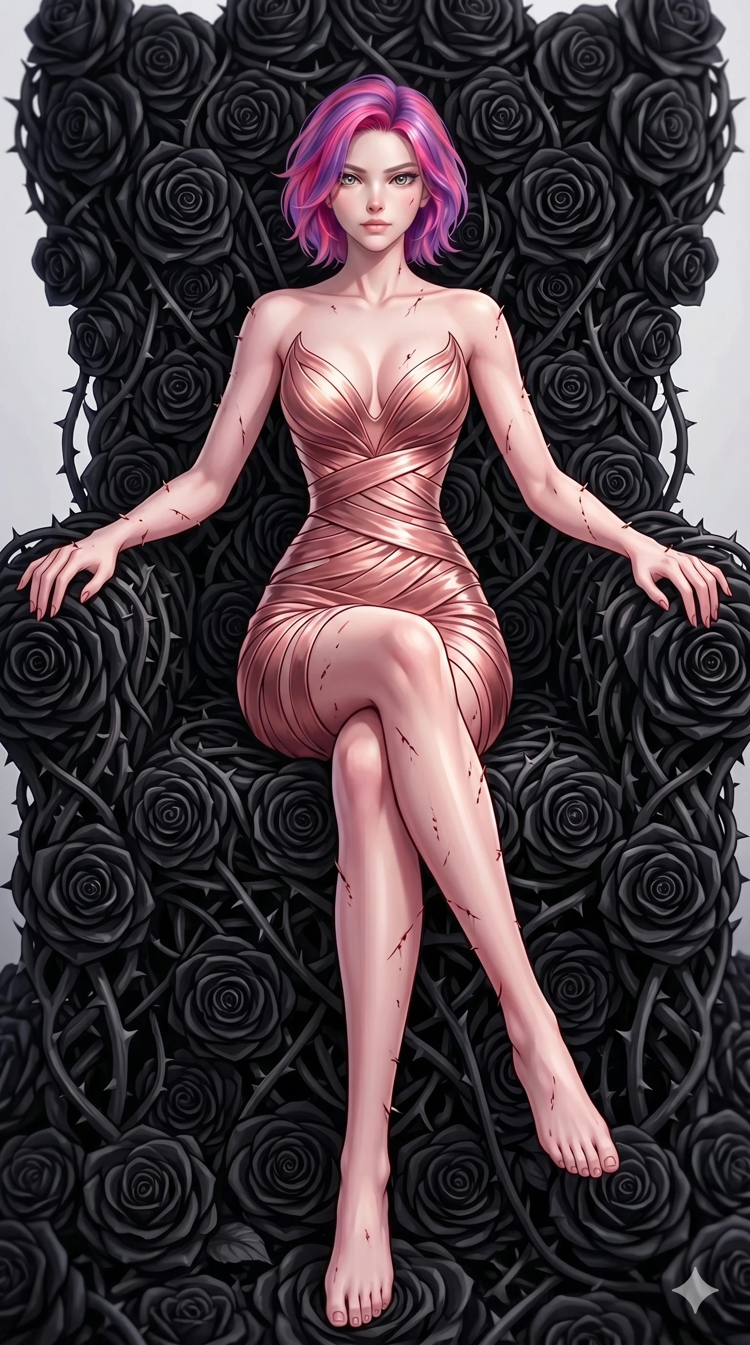 score_9, masterpiece, best quality, ultra-detailed, High-budget Anime Keyframe, East Asian woman. Dynamic full-body shot stretching the vertical silhouette to the limit. Scenario 160: Resting on a throne of black roses, thorns grazing her skin. Her presence is magnetic and overpowering in this high-budget anime scene. Outfit 160: A molten liquid silk decorative accessory bands with a sculpted V-neckline and tight-fitting silhouette. The clothing is designed to emphasize her exceptionally tall and slender 8-heads proportion. 8-heads proportion, towering silhouette, ultra-slim waist. sharp v-shaped jawline, intricate jewel-like eyes with depth, thick eyelashes, glossy lips. 2k, ultra detail, master piece, 9:16 ratio