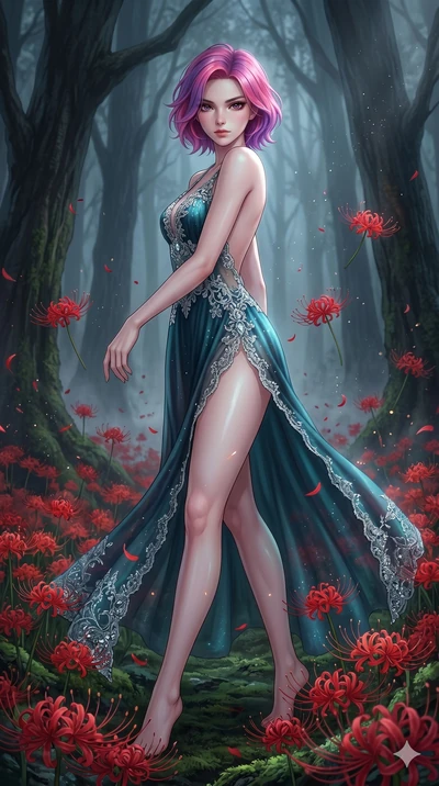 score_9, masterpiece, best quality, ultra-detailed, High-budget Anime Keyframe, East Asian woman. Low angle cowboy shot filling the entire 9:16 frame with her statuesque presence. Scenario 175: Dancing amidst falling red spider lilies in a misty dark