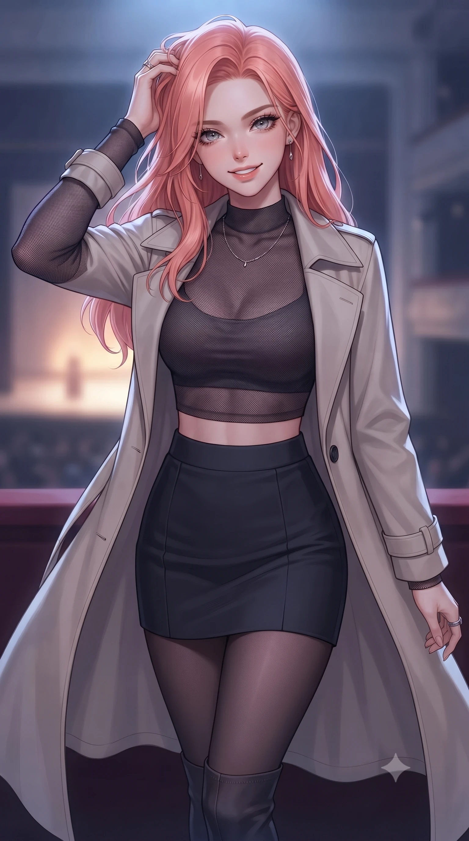 score_9, masterpiece, best quality, ultra-detailed, high-budget anime keyframe, editorial fashion photography, tasteful artistic composition, Japanese woman. close-up cowboy shot from the waist and thighs up, the character dominates the composition, filling the frame with her large presence, background elements kept in soft focus. smiling with quiet, magnetic self-assurance directly into the camera, running a hand through her hair the background shows a soft-focus a quiet opera box seat during a performance, with the stage glow in the background. She has an exceptionally elegant, slender, and willowy female figure with an ultra-slim waist, a gracefully sculpted slender torso, and a refined silhouette. sharp v-shaped jawline, high-bridge nose, intricate jewel-like eyes with depth, thick eyelashes, glossy lips with a natural sheen. wearing a body-hugging semi-opaque dark mesh crop top paired with a mini skirt, layered with a tailored light trench coat. cool stage lighting contrasting with the warm amber glow of the private box. ultra-reflective glossy finish, specular highlights, metallic sheen, high-contrast stereoscopic depth, volumetric dynamic lighting, 2k, ultra detail, master piece, 9:16 ratio