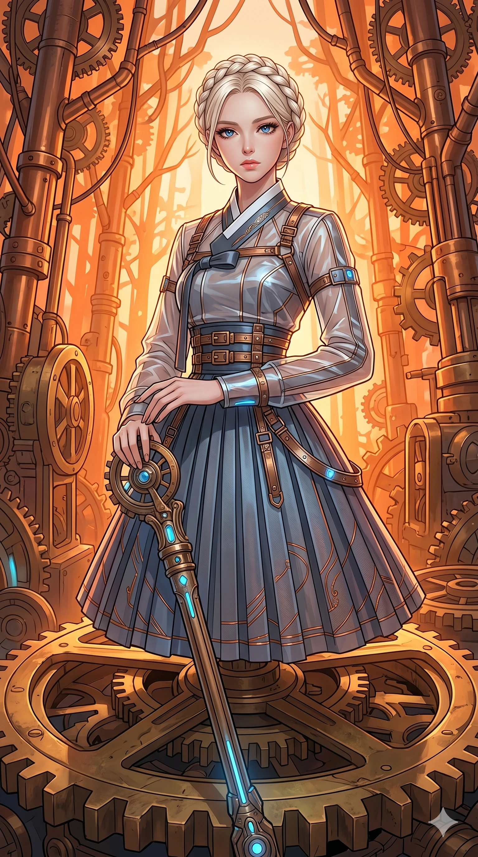 score_9, masterpiece, best quality, ultra-detailed, Set C: High-budget Anime Keyframe, Korean woman. Upper body close-up from the thighs up, character filling the screen for maximum presence. Standing on a giant gear in a clockwork forest. She has an absolutely perfect 8-heads proportion, an exceptionally tall and slender female figure with an ultra-slim waist and steampunk aesthetic. Sharp v-shaped jawline, high-bridge nose, intricate jewel-like eyes with depth, thick eyelashes, glossy lips. Wearing a Modern Traditional outfit: tech-hanbok with transparent panels and metallic straps. Background is a bright and colorful forest with trees made of copper and gears, with vibrant orange light. 2k, ultra detail, master piece, 9:16 ratio