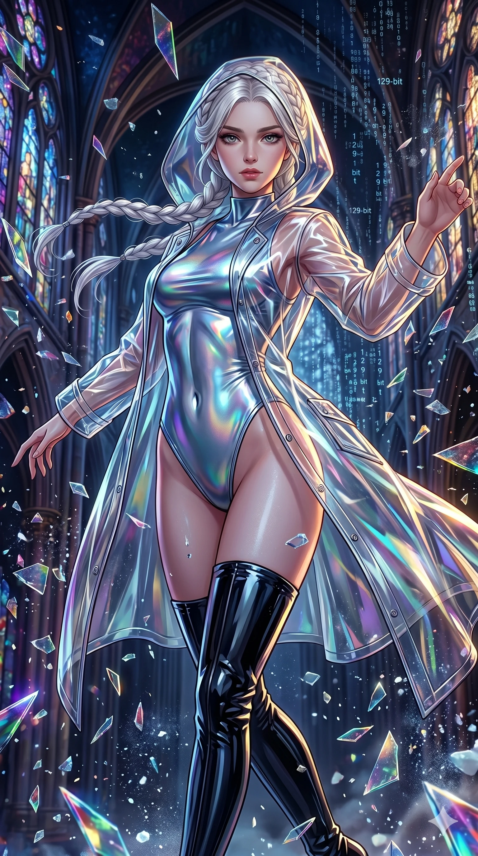 score_9, masterpiece, best quality, ultra-detailed, Set A: High-budget Anime Keyframe, Caucasian (strictly human ears) woman. Upper body close-up from the thighs up, character filling the screen for maximum presence. Dancing through a shattered glass cathedral, while a digital blizzard of 129 bits obscures the horizon and surrounded by shattered glass fragments. She has an absolutely perfect 8-heads proportion, an exceptionally tall and slender female figure with impossibly long slender legs and an ultra-slim waist. Sharp v-shaped jawline, high-bridge nose, intricate jewel-like eyes with depth, thick eyelashes, glossy lips with a natural sheen. Wearing Transparent PVC raincoat over a metallic swimwear and thigh-high patent boots. Cinematic lighting, vibrant colors, dramatic shadows, 2k, ultra detail, master piece, 9:16 ratio