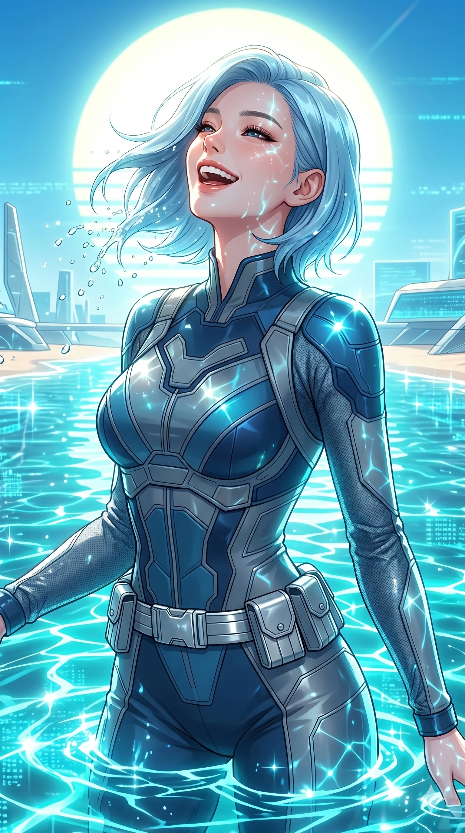 score_9, masterpiece, best quality, ultra-detailed, high-budget anime keyframe, Korean woman. Upper body close-up from the thighs up, character filling the screen for maximum presence. She is emerging from a virtual holographic ocean under a giant artificial sun. She tilts her head, shaking water droplets from her hair with a free-spirited, joyful laugh. She has an absolutely perfect 8-heads proportion, a tall and elegant figure with a refined silhouette and a defined waistline. V-shaped jawline, high-bridge nose, intricate jewel-like eyes with depth, thick eyelashes, glossy lips with a natural sheen. She is wearing a high-fashion tech-jumpsuit featuring structured panel overlays across the torso and shoulders, accented by a metallic silver utility belt and textured fabric sleeves. The scene is drenched in bright midday beach sun and sparkling caustic reflections from the neon turquoise water. 2k, ultra detail, master piece, 9:16 ratio