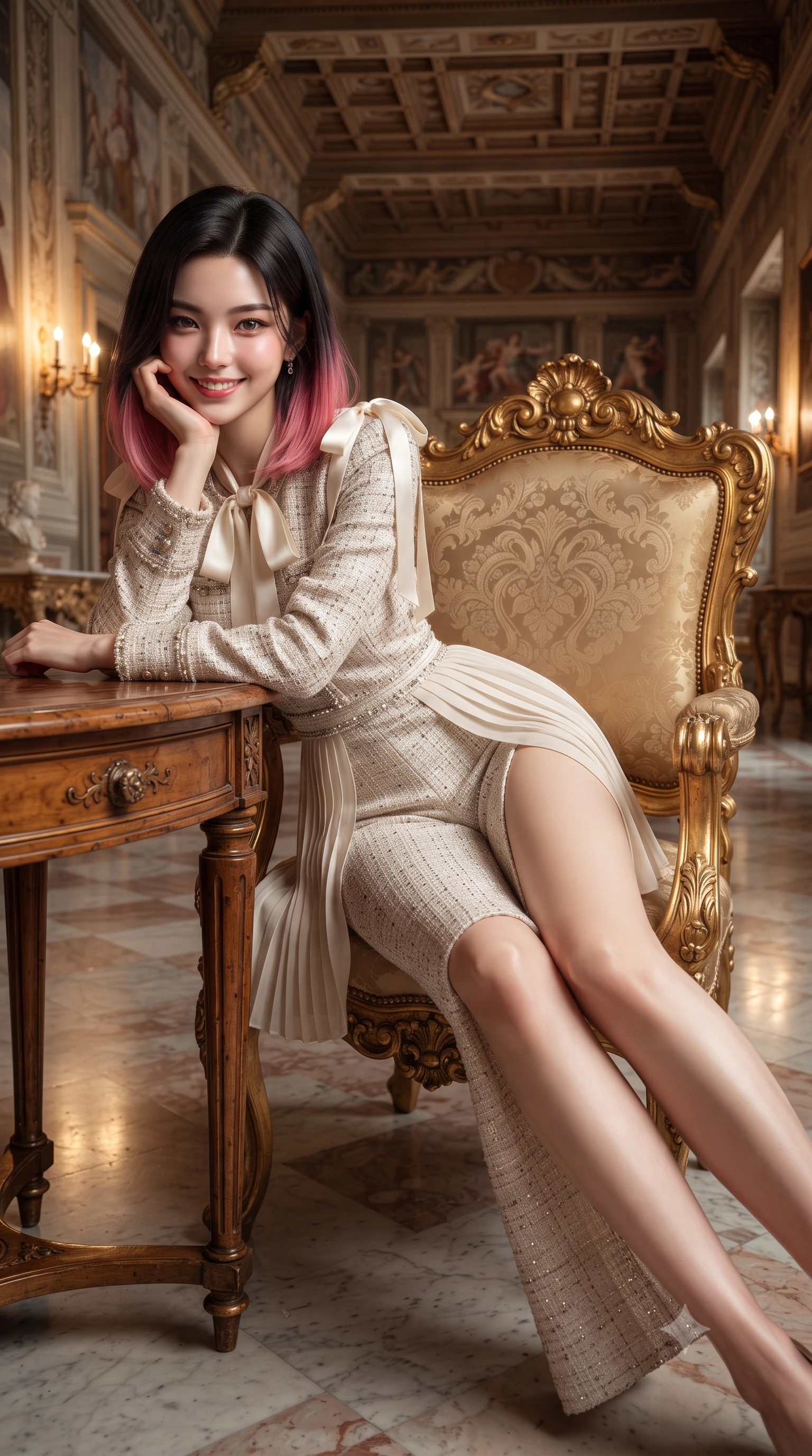 score_9, masterpiece, best quality, ultra-detailed, high-budget anime keyframe, editorial fashion photography, tasteful artistic composition, Korean woman. close-up cowboy shot from the waist and thighs up, the character dominates the composition, filling the frame with her large presence. resting one elbow on the table and supporting her chin, leaning close to the camera with heavy-lidded sparkling eyes and parted lips while lounging in the carved gilded Medici armchair propped on one elbow with legs extended, displaying her long slender limbs and statuesque hourglass silhouette. The surrounding environment is rendered in vivid detail and crisp panoramic clarity: detailed garment cut, bodycon tailoring, and historic Florentine palace craft in high resolution. She has an exceptionally elegant, slender, and willowy female figure with an ultra-slim waist, flat toned midriff, narrow ribcage, and sculpted feminine hips creating an alluring, slim hourglass silhouette without bulk. sharp v-shaped jawline, high-bridge nose, intricate jewel-like sparkling eyes with depth, thick eyelashes, glossy parted lips with a natural peach sheen, bright cheerful beaming smile with an enchanting and coquettish sensual glint, exuding both youthful cute charm and seductive allure, flawlessly proportioned anatomical accuracy, strict slender model proportions, natural body alignment, perfectly sculpted long slender limbs, ultra-slim waistline, clean dynamic posture without body distortion. wearing a refined long-sleeve silk georgette palazzo jumpsuit with pleated overlay skirt and modest neck bow in Belvedere ivory pearl and Habsburg bordeaux wine, woven from structured British tweed with subtle metallic flecks, finished with satin ribbon ties at the shoulders fluttering in the gentle breeze, the impeccably tailored cut draping gracefully along her slender figure with aristocratic poise. illuminated by marble floor reflection bounce and sharp rose-gold rim lights defining her dewy collarbones, ultra-slim waist, and curvy hips. ultra-reflective glossy finish, specular highlights, rich textural contrasts, high-contrast stereoscopic depth, volumetric dynamic lighting, 2k, ultra detail, master piece, 9:16 ratio