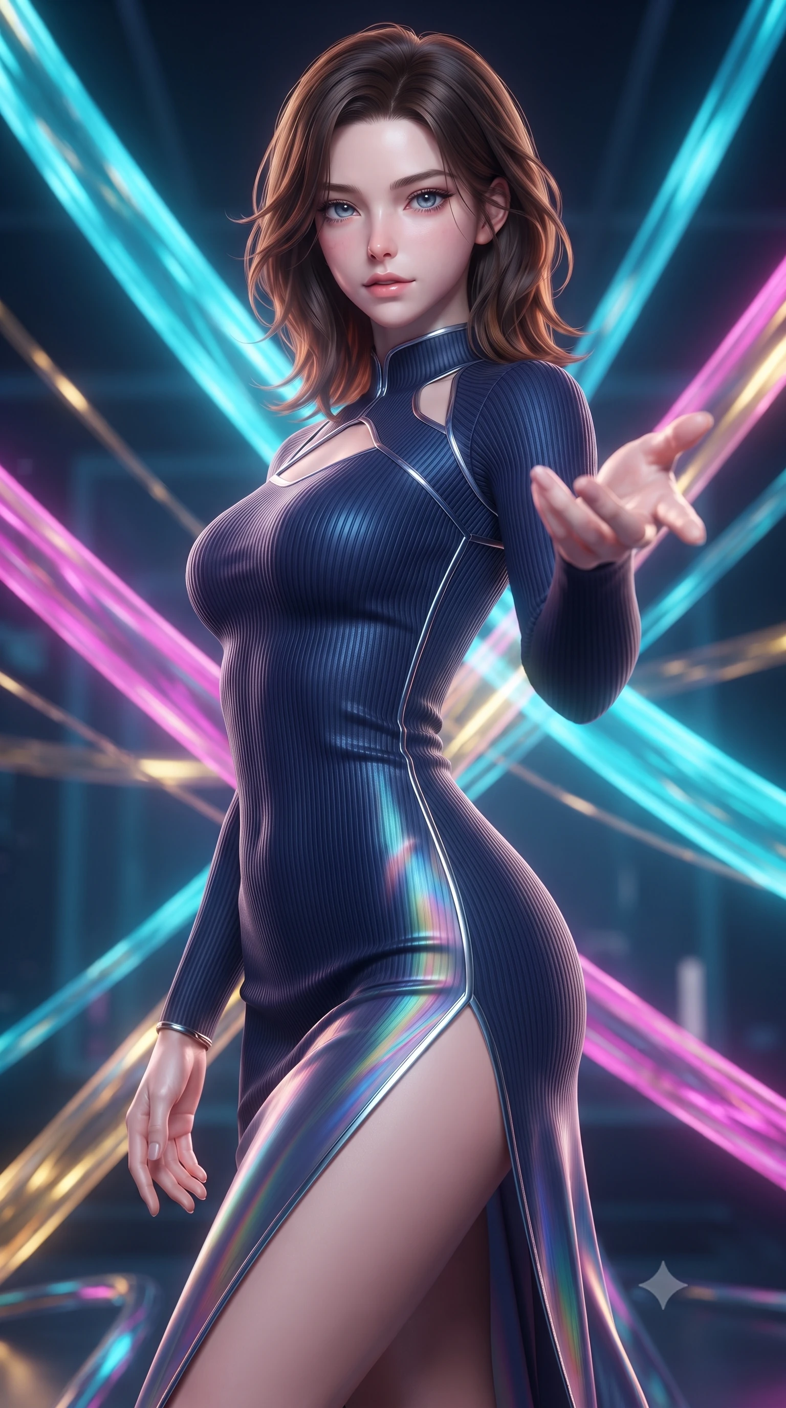 score_9, masterpiece, best quality, ultra-detailed, high-budget anime keyframe, editorial fashion photography, tasteful artistic composition, Korean woman. close-up cowboy shot from the waist and thighs up, the character dominates the composition, filling the frame with her large presence, background elements kept in soft focus. Reaching her hand gracefully toward the camera with magnetic allure, her torso turning in a dynamic S-curve alignment while pivoting her torso in an S-curve alignment inside a 3D fiber-optic loom void, fluorescent cyan, magenta, and gold plasma ribbons crossing in 3D space. She has an exceptionally elegant, slender, and willowy female figure with an ultra-slim waist, a gracefully sculpted slender torso, and a refined silhouette. sharp v-shaped jawline, high-bridge nose, intricate jewel-like eyes with depth, thick eyelashes, glossy lips with a natural sheen, flawlessly proportioned anatomical accuracy, natural body alignment, perfectly sculpted elegant limbs, clean dynamic posture without body distortion. wearing a form-fitting ribbed activewear set with elegant collar cutouts in midnight navy blue and chrome trim, crafted from iridescent chiffon that shifts colors in the light, finished with a sleek side slit ascending to mid-thigh, the form-contouring material highlighting her ultra-slim waist and long lines. illuminated by the brilliant glow of cyan and gold luminescent plasma ribbons. ultra-reflective glossy finish, specular highlights, metallic sheen, high-contrast stereoscopic depth, volumetric dynamic lighting, 2k, ultra detail, master piece, 9:16 ratio