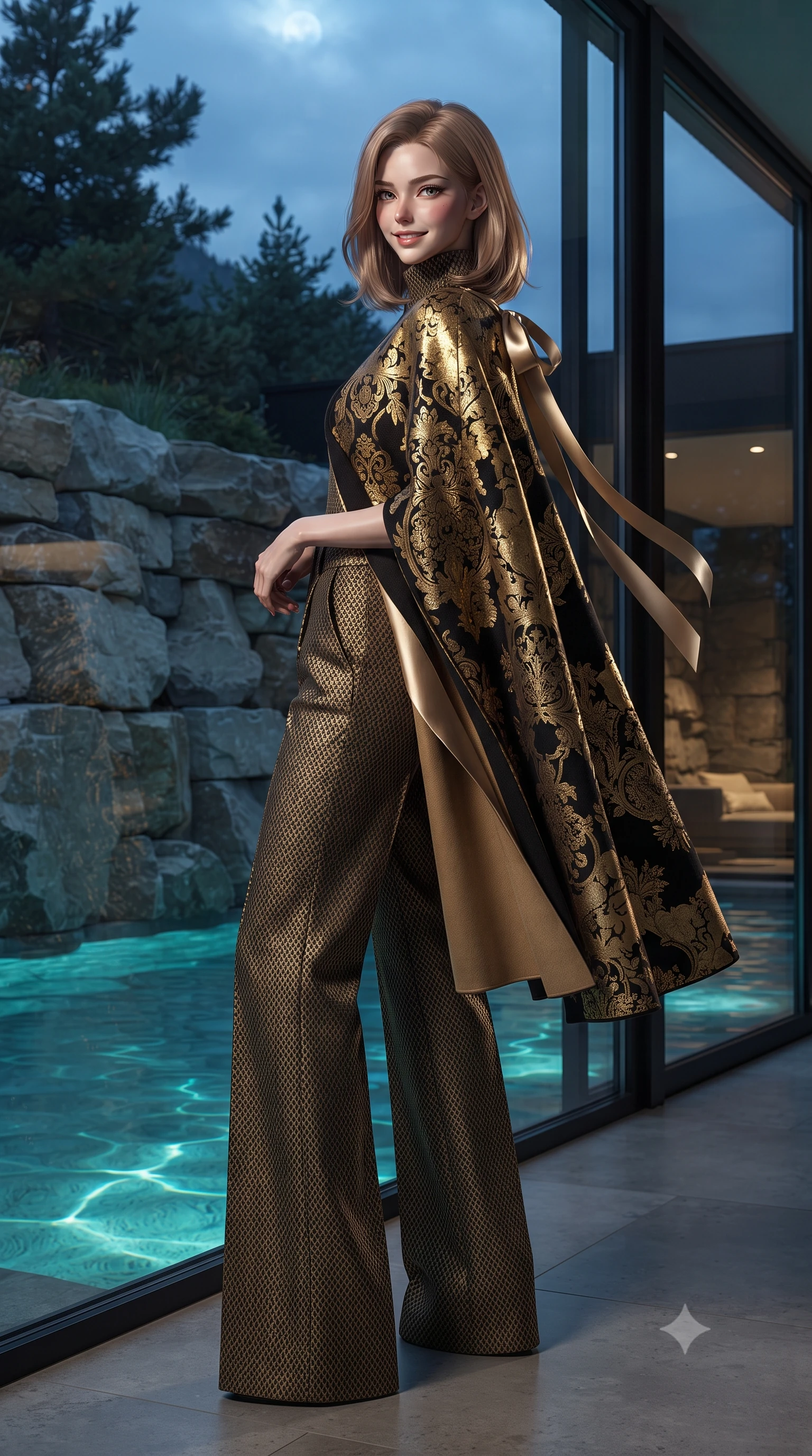 score_9, masterpiece, best quality, ultra-detailed, high-budget anime keyframe, editorial fashion photography, tasteful artistic composition, Korean woman. low angle full-body shot from head to toe showing her feet, filling the entire 9:16 vertical frame with her statuesque presence, stretching her vertical silhouette. posing in a classic haute-couture S-curve stance beside the floor-to-ceiling window, looking over a bare shoulder with magnetic presence while twisting her slender torso in an alluring contrapposto stance, glowing turquoise pool water and moonlight wrapping around her flat midriff and hips. The surrounding environment is rendered in vivid detail and crisp panoramic clarity: sharp rough-hewn limestone rock strata, crystal-clear pool water surface caustics, and alpine pine needles in deep focus. She has an exceptionally tall and slender model-like 8.5-heads proportion, an ultra-slim waist, a flat toned midriff, narrow delicate ribcage, and beautifully sculpted feminine hips creating a graceful, slim hourglass silhouette without any bulky heaviness, with impossibly long slender legs. sharp v-shaped jawline, high-bridge nose, intricate jewel-like sparkling eyes with depth, thick eyelashes, glossy parted lips with a natural peach sheen, bright cheerful beaming smile with an enchanting and coquettish sensual glint, exuding both youthful cute charm and seductive allure, flawlessly proportioned anatomical accuracy, strict slender model proportions, natural body alignment, perfectly sculpted long slender limbs, ultra-slim waistline, clean dynamic posture without body distortion. wearing a bespoke high-neck cashmere knit cape coat paired with tailored wide-leg wool trousers in Viennese golden secession noir and imperial 24k gold leaf, crafted from bespoke double-faced cashmere with an exceptionally soft tactile finish, finished with satin ribbon ties at the shoulders fluttering in the gentle breeze, the bespoke structured tailoring following the natural line of her 8.5-heads silhouette with refined elegance. bathed in underwater pool turquoise LEDs contrasted with cool silver moonlight on limestone cliffs. ultra-reflective glossy finish, specular highlights, rich textural contrasts, high-contrast stereoscopic depth, volumetric dynamic lighting, 2k, ultra detail, master piece, 9:16 ratio