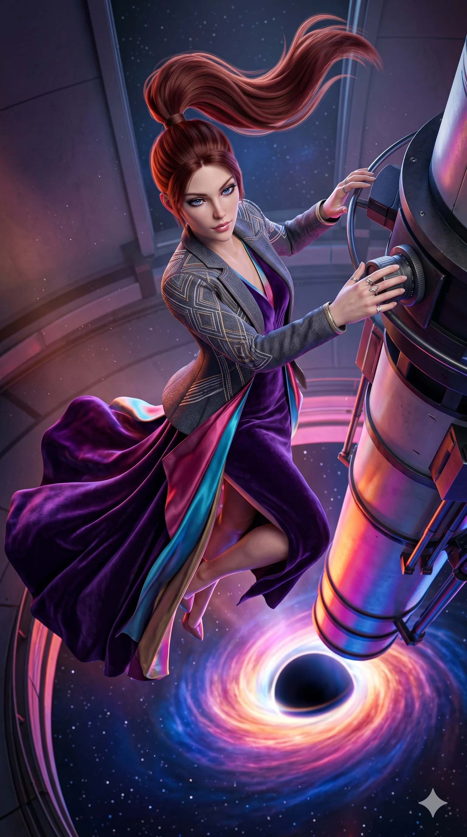 score_9, masterpiece, best quality, ultra-detailed, semi-realistic 3D game render, high-fidelity textures, Unreal Engine 5 style, Caucasian (strictly human ears) woman. Extreme high angle shot as she leaps towards the camera, filling the frame. adjusting the focus on a giant telescope aimed at a black hole. She has an graceful and slender female figure with elegant proportions. strictly human anatomy, two legs only, no extra limbs, clearly defined legs and arms, well-defined anatomy, perfect hands and fingers. sharp v-shaped jawline, high-bridge nose, intricate jewel-like eyes, thick eyelashes, glossy lips. Wearing High-Fashion Editorial: Sophisticated silk gown, elegant velvet dress, and a structured designer blazer. The scene is illuminated by dramatic atmospheric lighting and vibrant color palettes. , 2k, ultra detail, master piece, 9:16 ratio