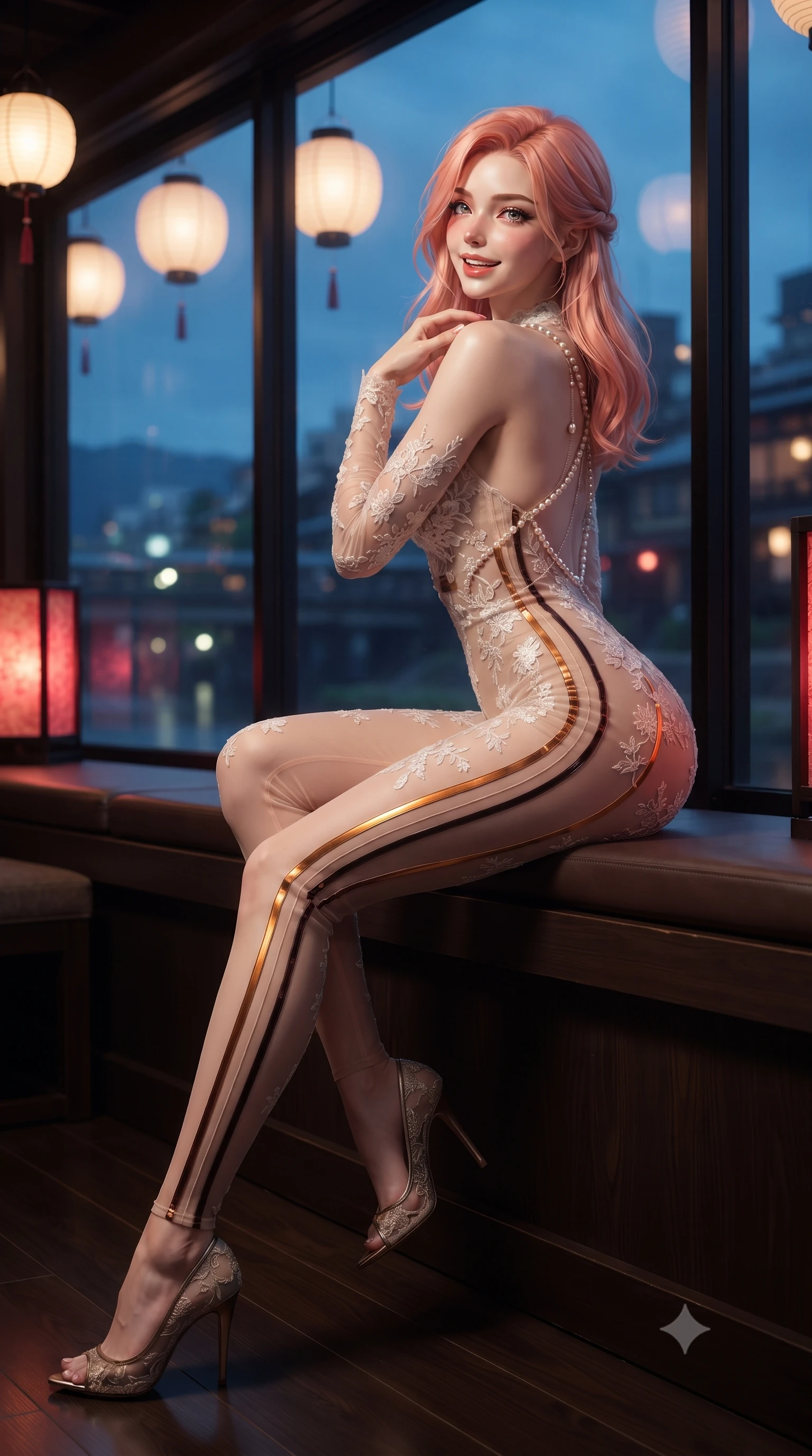 score_9, masterpiece, best quality, ultra-detailed, high-budget anime keyframe, editorial fashion photography, tasteful artistic composition, Japanese woman. low angle full-body shot from head to toe showing her feet, filling the entire 9:16 vertical frame with her statuesque presence, stretching her vertical silhouette. posing in a classic haute-couture S-curve stance beside the floor-to-ceiling window, looking over a bare shoulder with magnetic presence while sitting poised on the low wooden banquette with legs crossed, running one manicured hand slowly down her neck with teasing seductive charm. The background shows a soft-focus hanging paper lanterns softened in historic Kyoto riverfront nocturne shallow focus. She has an exceptionally tall and slender model-like 8.5-heads proportion, an ultra-slim waist, a flat toned midriff, narrow delicate ribcage, and beautifully sculpted feminine hips creating a graceful, slim hourglass silhouette without any bulky heaviness, with impossibly long slender legs. sharp v-shaped jawline, high-bridge nose, intricate jewel-like sparkling eyes with depth, thick eyelashes, glossy parted lips with a natural peach sheen, bright cheerful beaming smile with an enchanting and coquettish sensual glint, exuding both youthful cute charm and seductive allure, flawlessly proportioned anatomical accuracy, strict slender model proportions, natural body alignment, perfectly sculpted long slender limbs, ultra-slim waistline, clean dynamic posture without body distortion. wearing a form-fitting sheer illusion bodysuit with liquid metallic stripes tracing her long slender leg lines in Hannam-dong glowing amber and rich dark espresso, made of delicate embroidered tulle lace with intricate floral motifs and soft transparency, accented with a pearl-drop body harness subtly framing her dewy collarbones and spine, the form-contouring silhouette accentuating her sculpted flat midriff, narrow delicate ribcage, and gracefully curvy hips with intoxicating allure. bathed in the romantic crimson-gold lantern glows contrasted with cool deep-blue midnight river reflections. ultra-reflective glossy finish, specular highlights, rich textural contrasts, high-contrast stereoscopic depth, volumetric dynamic lighting, 2k, ultra detail, master piece, 9:16 ratio