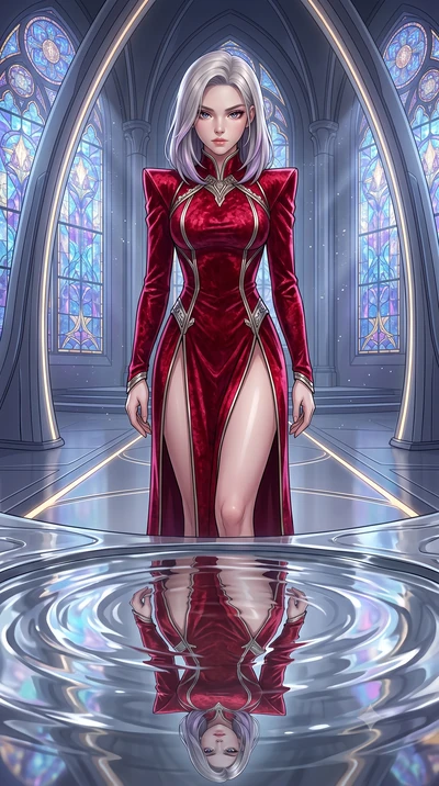 score_9, masterpiece, best quality, ultra-detailed, High-budget Anime Keyframe, Caucasian woman, strictly human ears. Low angle cowboy shot filling the entire 9:16 frame with her statuesque presence. Scenario 425: gazing at her reflection in a pool o