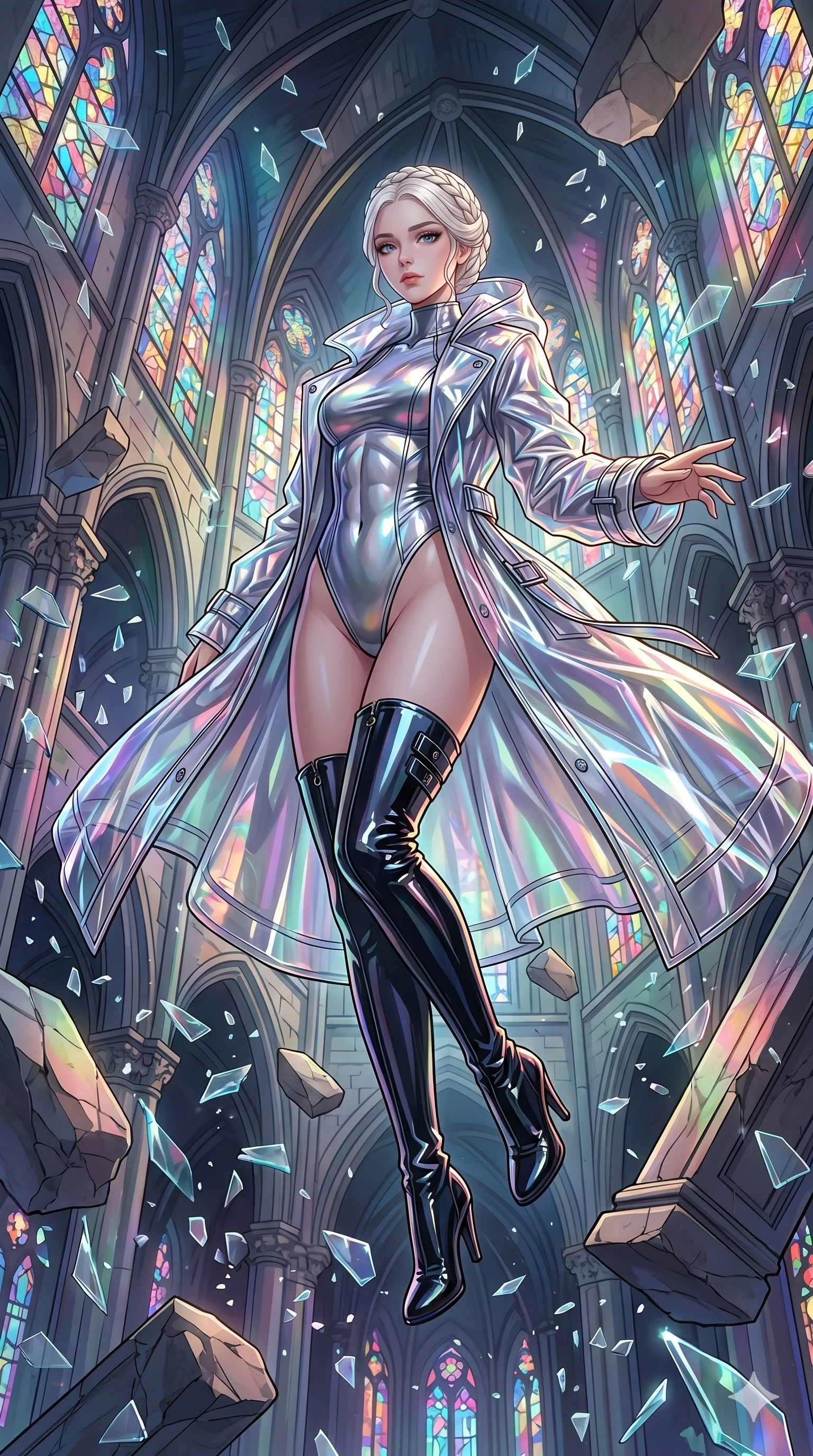 score_9, masterpiece, best quality, ultra-detailed, Set A: High-budget Anime Keyframe, Japanese woman. Low angle cowboy shot filling the entire 9:16 frame with her statuesque presence. Floating through a shattered glass cathedral, as gravity fails and everything around her floats in state 126 and surrounded by shattered glass fragments. She has an well-proportioned figure, an tall and elegant figure with elegant legs and an graceful posture. Sharp v-shaped jawline, high-bridge nose, intricate jewel-like eyes with depth, thick eyelashes, glossy lips with a natural sheen. Wearing Glossy material raincoat over a metallic swimwear and thigh-high patent boots. Cinematic lighting, vibrant colors, dramatic shadows, 2k, ultra detail, master piece, 9:16 ratio