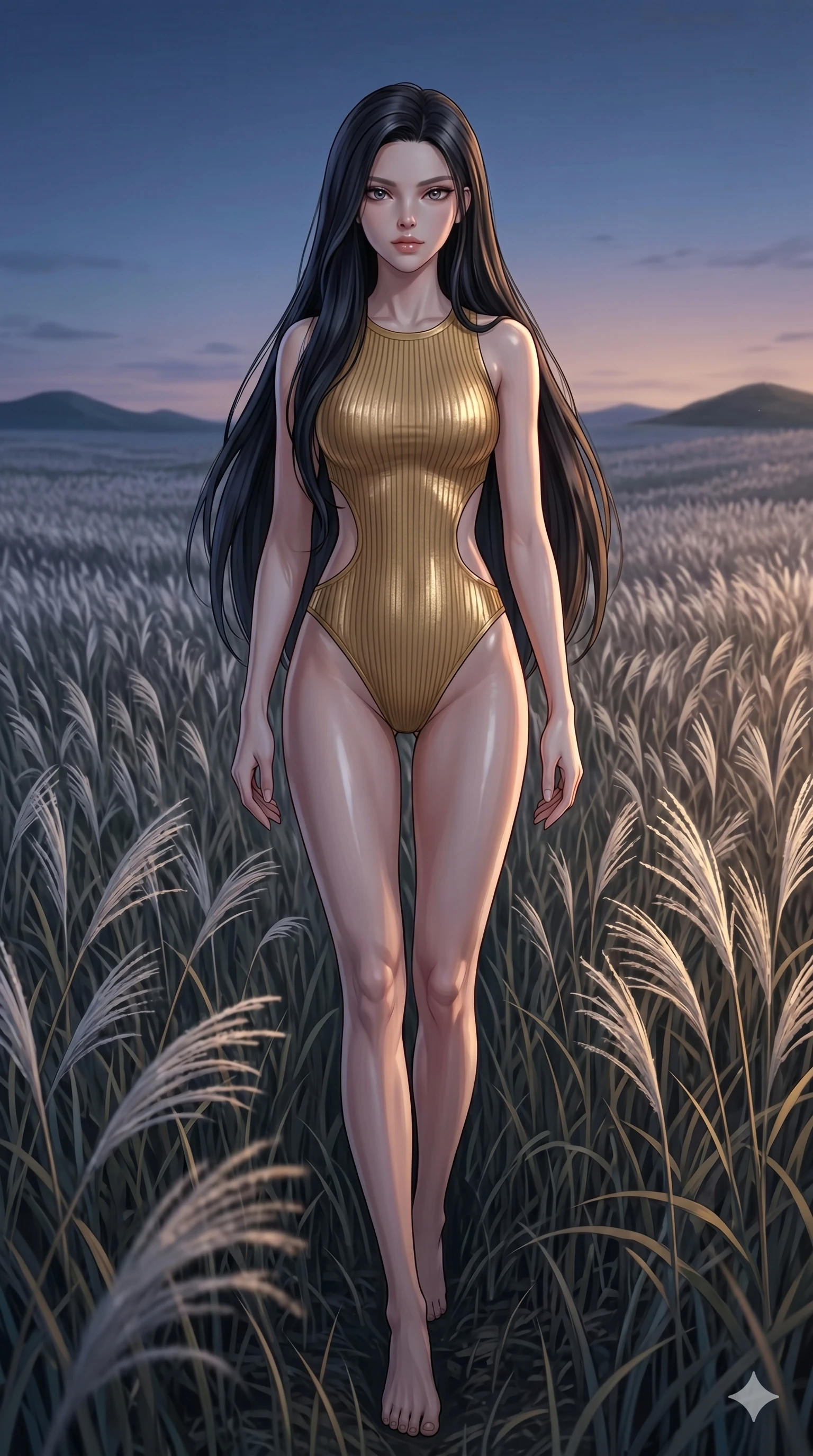 score_9, masterpiece, best quality, ultra-detailed, High-budget Anime Keyframe, East Asian woman. Dynamic full-body shot stretching the vertical silhouette to the limit. Scenario 18: Walking through a field of tall silver grass at twilight. Her presence is magnetic and overpowering in this high-budget anime scene. Outfit 18: A ribbed bodycon knit gold with a strategic side cut-outs and wet-look texture. The clothing is designed to emphasize her exceptionally tall and slender 8-heads proportion. 8-heads proportion, towering silhouette, ultra-slim waist. sharp v-shaped jawline, intricate jewel-like eyes with depth, thick eyelashes, glossy lips. 2k, ultra detail, master piece, 9:16 ratio