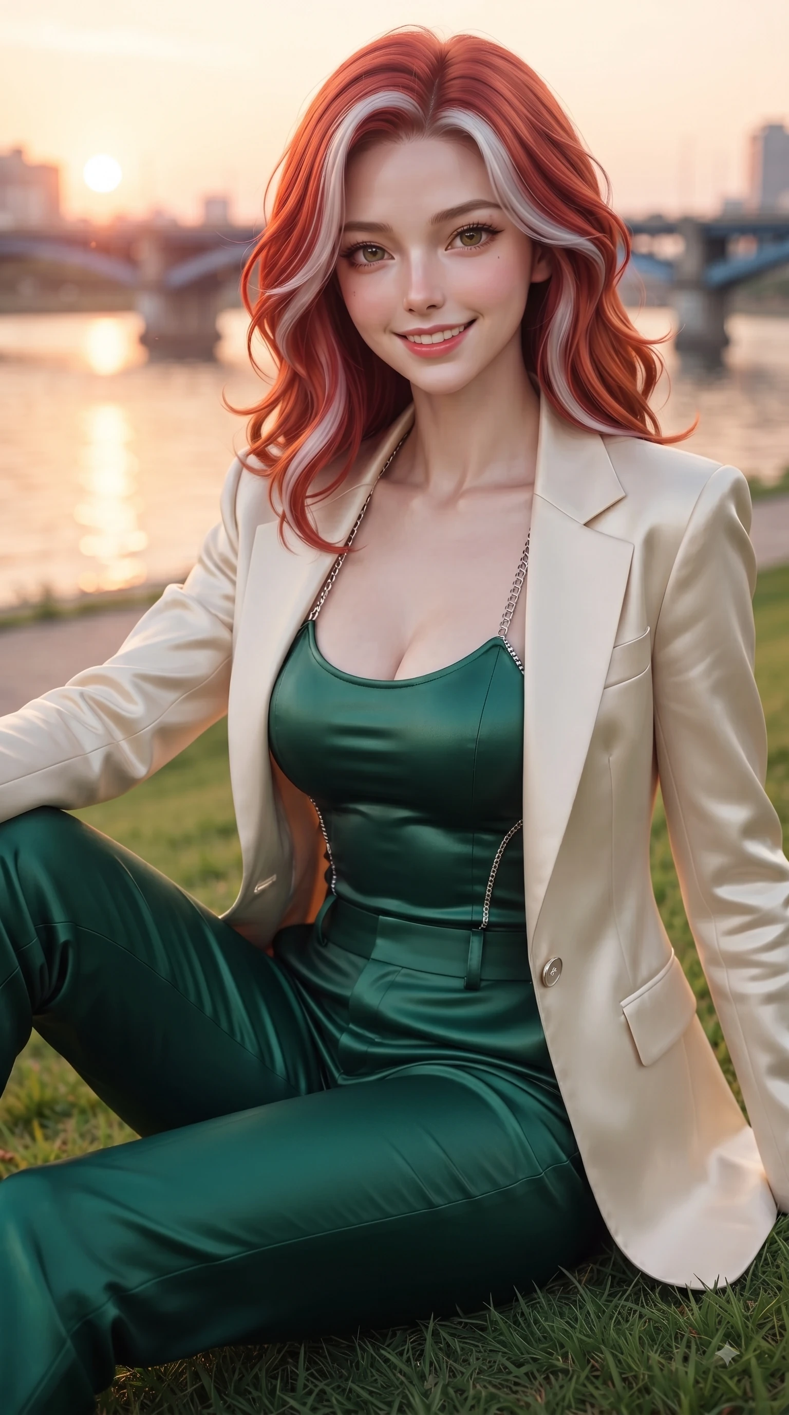 score_9, masterpiece, best quality, ultra-detailed, high-budget anime keyframe, editorial fashion photography, tasteful artistic composition, Caucasian woman. close-up cowboy shot from the waist and thighs up, the character dominates the composition, filling the frame with her large presence, background elements kept in soft focus. Gazing directly into the camera with a fresh, infectious smile as her torso curves dynamically in mid-stride while sitting playfully on a checkered picnic mat on a green riverfront park lawn at sunset, warm rose-gold and amber sunset light reflecting off calm river waters and city bridges. She has an exceptionally elegant, slender, and willowy female figure with an ultra-slim waist, a gracefully sculpted slender torso, and a refined silhouette. sharp v-shaped jawline, high-bridge nose, intricate jewel-like eyes with depth, thick eyelashes, glossy lips with a natural sheen, flawlessly proportioned anatomical accuracy, natural body alignment, perfectly sculpted elegant limbs, clean dynamic posture without body distortion. wearing a tailored cream silk blazer over a form-contouring scoop-neck top and slacks in deep emerald green and silver accent, crafted from smooth liquid silk, adorned with delicate metallic chain straps along the neckline, the elegant draped fit framing her graceful clavicle and slender torso. illuminated by soft glowing sunset reflections with cheerful golden rim lights. ultra-reflective glossy finish, specular highlights, metallic sheen, high-contrast stereoscopic depth, volumetric dynamic lighting, 2k, ultra detail, master piece, 9:16 ratio