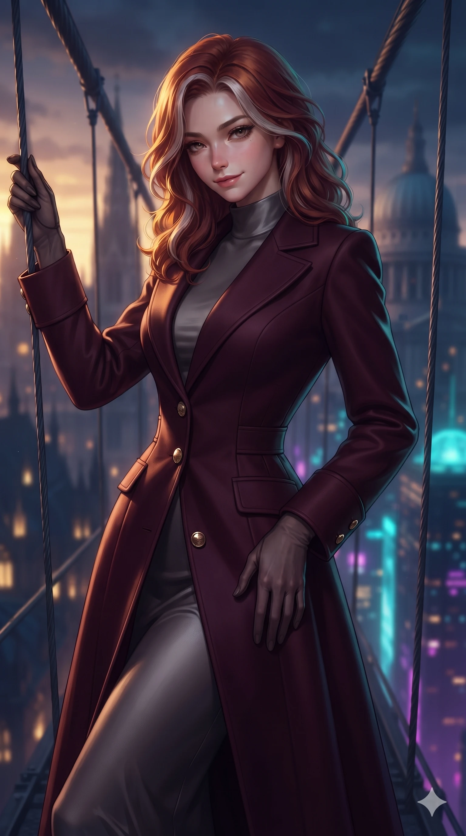 score_9, masterpiece, best quality, ultra-detailed, high-budget anime keyframe, editorial fashion photography, tasteful artistic composition, Caucasian woman. close-up cowboy shot from the waist and thighs up, the character dominates the composition, filling the frame with her large presence. tilting her head with a teasing half-smile, running one hand slowly down the side of her hip in a flirtatious S-curve as ambient light caresses her silhouette while leaning against the structural bridge cables with hips cocked back, gazing into the glittering twilight expanse with intoxicating bedroom-eyes. The background shows a soft-focus gothic spires and neoclassical domes blending into soaring cyberpunk neon skyscrapers thousands of meters below blurred into gold, cyan, and deep violet bokeh. She has an exceptionally elegant, slender, and willowy female figure with an ultra-slim waist, flat toned midriff, narrow ribcage, and sculpted feminine hips creating an alluring, slim hourglass silhouette without bulk. sharp v-shaped jawline, high-bridge nose, intricate jewel-like sparkling eyes with depth, thick eyelashes, glossy parted lips with a natural sheen, intensely captivating and seductive bedroom-eyes expression, exuding both youthful cute charm and sovereign luxury allure, flawlessly proportioned anatomical accuracy, strict slender model proportions, natural body alignment, perfectly sculpted long slender limbs, ultra-slim waistline, clean dynamic posture without body distortion. wearing a structured Belle Époque cashmere opera greatcoat with polished brass crest buttons layered over a high-neck slip in deep wine burgundy and brushed dark platinum, tailored from heavy double-faced silk georgette with an exceptionally fluid drape, complemented by sheer opera-length evening gloves tracing her slender arms, the bespoke structured tailoring following the natural line of her 8.5-heads silhouette with refined elegance. bathed in the dramatic dual twilight lighting: warm golden sunset rays from the classical west and cool vibrant neon from the futuristic east. ultra-reflective glossy finish, specular highlights, rich textural contrasts, high-contrast stereoscopic depth, volumetric dynamic lighting, 2k, ultra detail, master piece, 9:16 ratio