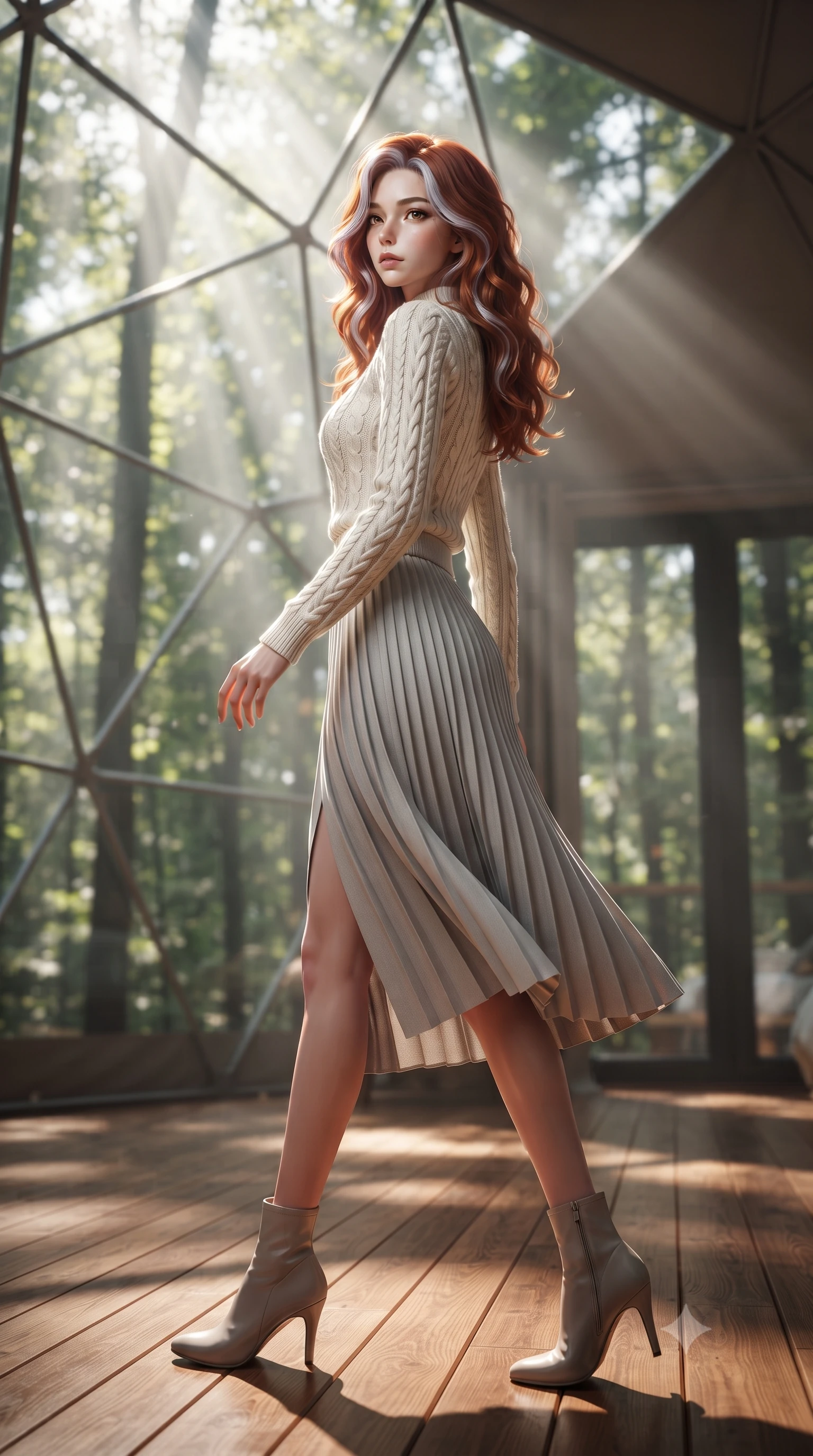 score_9, masterpiece, best quality, ultra-detailed, high-budget anime keyframe, editorial fashion photography, tasteful artistic composition, Caucasian woman. low angle full-body shot from head to toe showing her feet, filling the entire 9:16 vertical frame with her statuesque presence, stretching her vertical silhouette. stepping gracefully while looking back over her shoulder, her dress draped tightly to reveal her silhouette the background shows a soft-focus the interior of a treehouse glamping dome high in the canopy of a forest. She has an absolutely perfect, statuesque 8.5-heads proportion, an exceptionally tall and slender model-like female figure with impossibly long slender legs and an ultra-slim waist. sharp v-shaped jawline, high-bridge nose, intricate jewel-like eyes with depth, thick eyelashes, glossy lips with a natural sheen. wearing a slim-fit cozy cable-knit knit sweater in ivory wool, paired with a pleated light grey midi skirt. sun rays slicing through the tree leaves, creating dramatic volumetric shafts of light. ultra-reflective glossy finish, specular highlights, metallic sheen, high-contrast stereoscopic depth, volumetric dynamic lighting, 2k, ultra detail, master piece, 9:16 ratio