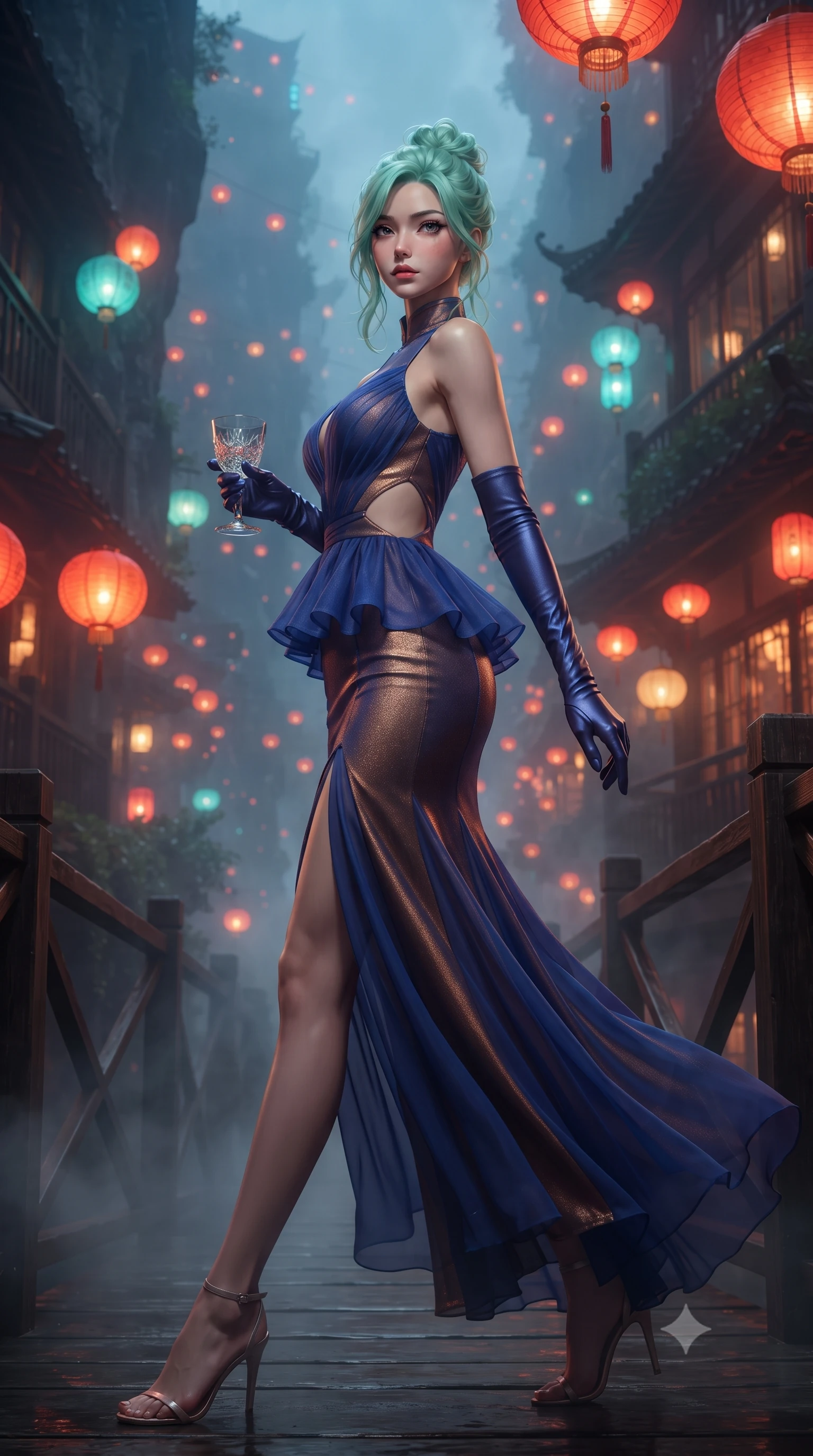 score_9, masterpiece, best quality, ultra-detailed, high-budget anime keyframe, editorial fashion photography, tasteful artistic composition, Japanese woman. low angle full-body shot from head to toe showing her feet, filling the entire 9:16 vertical frame with her statuesque presence, stretching her vertical silhouette. executing an elegant mid-motion pivot turn as garments swirl around her slender limbs, glancing over her shoulder with an intoxicating bedroom-gaze while striding along the elevated timber skywalk clinging to the vertical cliffside, arching her back as thousands of glowing red neon lanterns illuminate the misty mountain abyss. The composition keeps background elements in soft focus with creamy bokeh. thousands of glowing crimson and amber paper lanterns and distant neon tea houses blurred into rich scarlet, gold, and turquoise bokeh. She has an exceptionally tall and slender model-like 8.5-heads proportion, an ultra-slim waist, a flat toned midriff, narrow delicate ribcage, and beautifully sculpted feminine hips creating a graceful, slim hourglass silhouette without any bulky heaviness, with impossibly long slender legs. sharp v-shaped jawline, high-bridge nose, intricate jewel-like eyes with depth, thick eyelashes, glossy parted lips with a natural sheen, intensely captivating and seductive bedroom-eyes expression, flawlessly proportioned anatomical accuracy, strict slender model proportions, natural body alignment, perfectly sculpted long slender limbs, ultra-slim waistline, clean dynamic posture without body distortion. wearing a modern peplum corset dress with side-waist diamond cutouts and an ultra-tight silhouette in royal sapphire blue and liquid bronze, woven from layered gossamer chiffon with a weightless sweeping drape, accessorized with opera-length satin gloves and a vintage crystal glass, the second-skin form-contouring cut accentuating her sculpted flat midriff, narrow delicate ribcage, and gracefully curvy hips with supermodel precision. illuminated by wet specular timber bounce lights sculpting her razor-sharp jawline, narrow waist, and curvy hips. ultra-reflective glossy finish, specular highlights, rich textural contrasts, high-contrast stereoscopic depth, volumetric dynamic lighting, 2k, ultra detail, master piece, 9:16 ratio