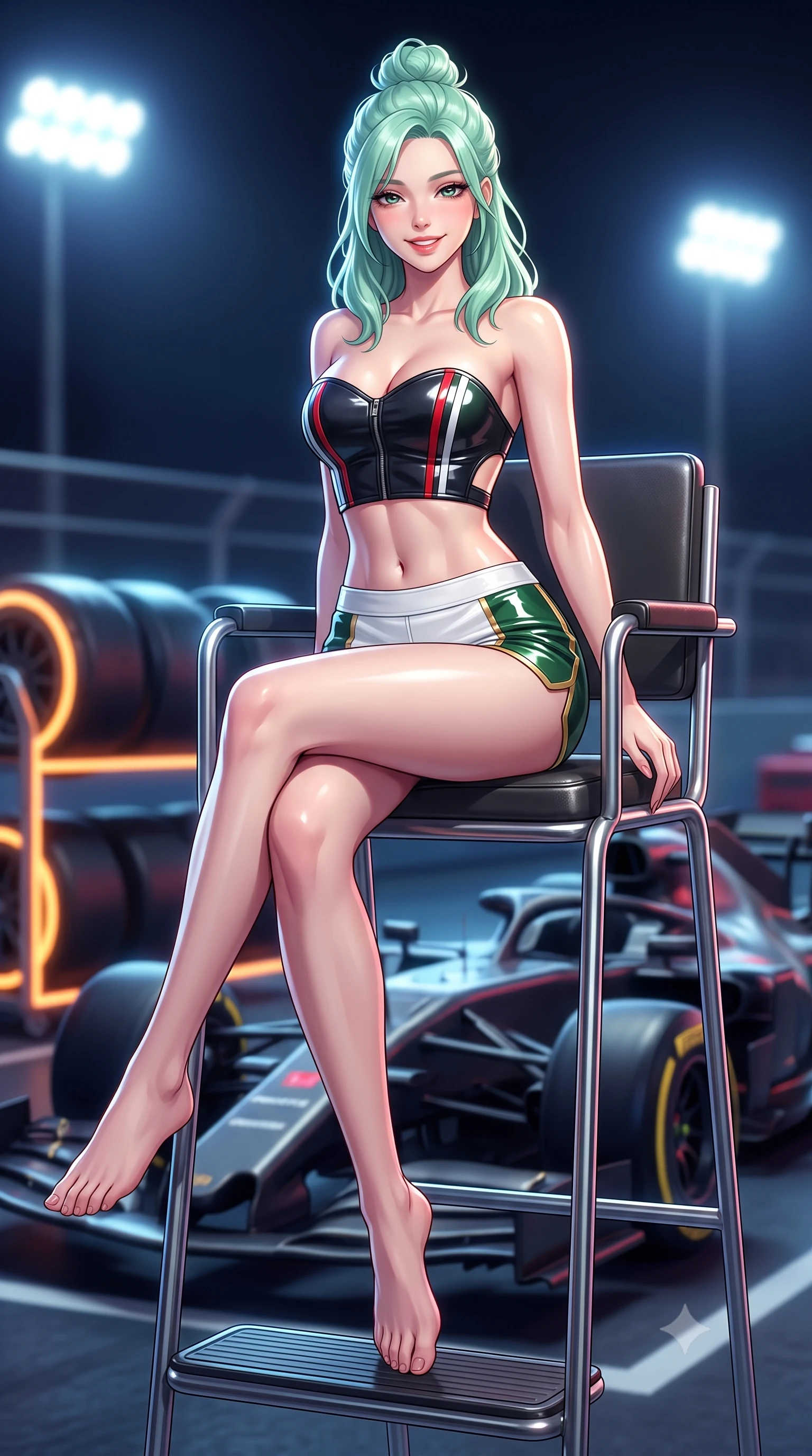 score_9, masterpiece, best quality, ultra-detailed, high-budget anime keyframe, semi-realistic 3D game render, editorial fashion photography, tasteful artistic composition, Japanese woman. low angle full-body shot from head to toe showing her feet, filling the entire 9:16 vertical frame with her statuesque presence, stretching her vertical silhouette. sitting perched on the elevated umpire chair with legs crossed and hips angled toward the camera, displaying her toned midriff and long slender limbs with joyful, coquettish charm while twisting her slender torso in an alluring S-curve, dazzling 2000-lux track floodlights casting crisp geometric shadows across her curves and waist. The background shows a soft-focus glowing tire warming racks and high-speed carbon fiber cars softened in thrilling night-race shallow focus. She has an absolutely perfect, statuesque 8.5-heads proportion, an exceptionally tall and slender model-like female figure with impossibly long slender legs, an ultra-slim waist, a flat toned midriff, narrow delicate ribcage, and beautifully sculpted feminine hips creating a graceful, slim hourglass silhouette without any bulky heaviness. sharp v-shaped jawline, high-bridge nose, sparkling eyes with athletic focus and depth, thick curled eyelashes, glossy parted lips with a natural coral-peach sheen, bright confident and coquettish smile with alluring bedroom-eyes, exuding both youthful sporty vigor and sovereign high-society glamour, flawlessly proportioned anatomical accuracy, strict slender model proportions, natural body alignment, perfectly sculpted long slender limbs, ultra-slim waistline, clean dynamic posture without body distortion. wearing a strapless structured leather corset top with racing stripe accents paired with high-waisted track shorts in crisp Wimbledon white and British racing green with gold accents, made of high-gloss reflective patent leather with mirror-like specular highlights, finished with criss-cross back athletic straps highlighting her graceful shoulder blades, the precision-cut side openings and low-back scoop framing her graceful spine and the sensual sweep of her slim, athletic hips. bathed in intense, high-contrast track floodlight white and pit-box neon accents. highly saturated vibrant anime colors, detailed shading with soft gradients, rich glossy textures, high-contrast stereoscopic depth, volumetric dynamic lighting, master piece, 9:16 ratio