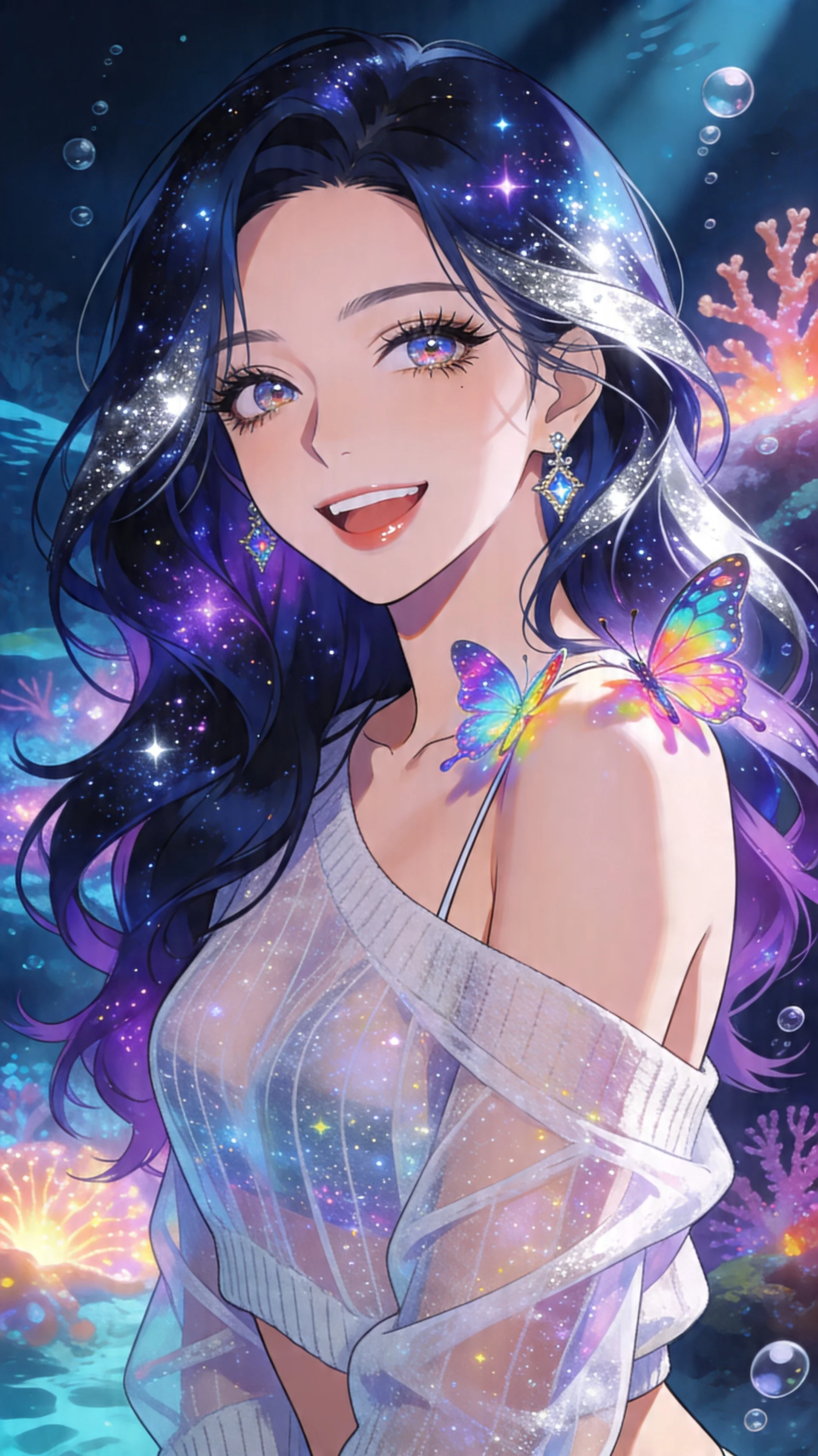 score_9, masterpiece, best quality, ultra-detailed, high-budget anime keyframe, vibrant colors and expressive line art, an incredibly beautiful Korean woman. Medium shot of upper body focusing on her alluring and cute features and her galaxy-themed hair featuring deep midnight blue with sparkling silver and purple stardust highlights, filling the vertical 9:16 frame. She is giggling while colorful digital butterflies land on her shoulders. She has a sharp v-shaped jawline, high-bridge nose, intricate jewel-like eyes, thick eyelashes, and glossy lips. She possesses an absolutely perfect 8-heads proportion and a slim-fit silhouette. She is wearing a sheer fabric oversized sweater that falls off one shoulder, revealing a slim strap, highlighting her alluring silhouette. a magical underwater kingdom with glowing corals and bubbles, dramatic rim lighting, cinematic shadows, 2k, ultra detail, master piece, 9:16 ratio