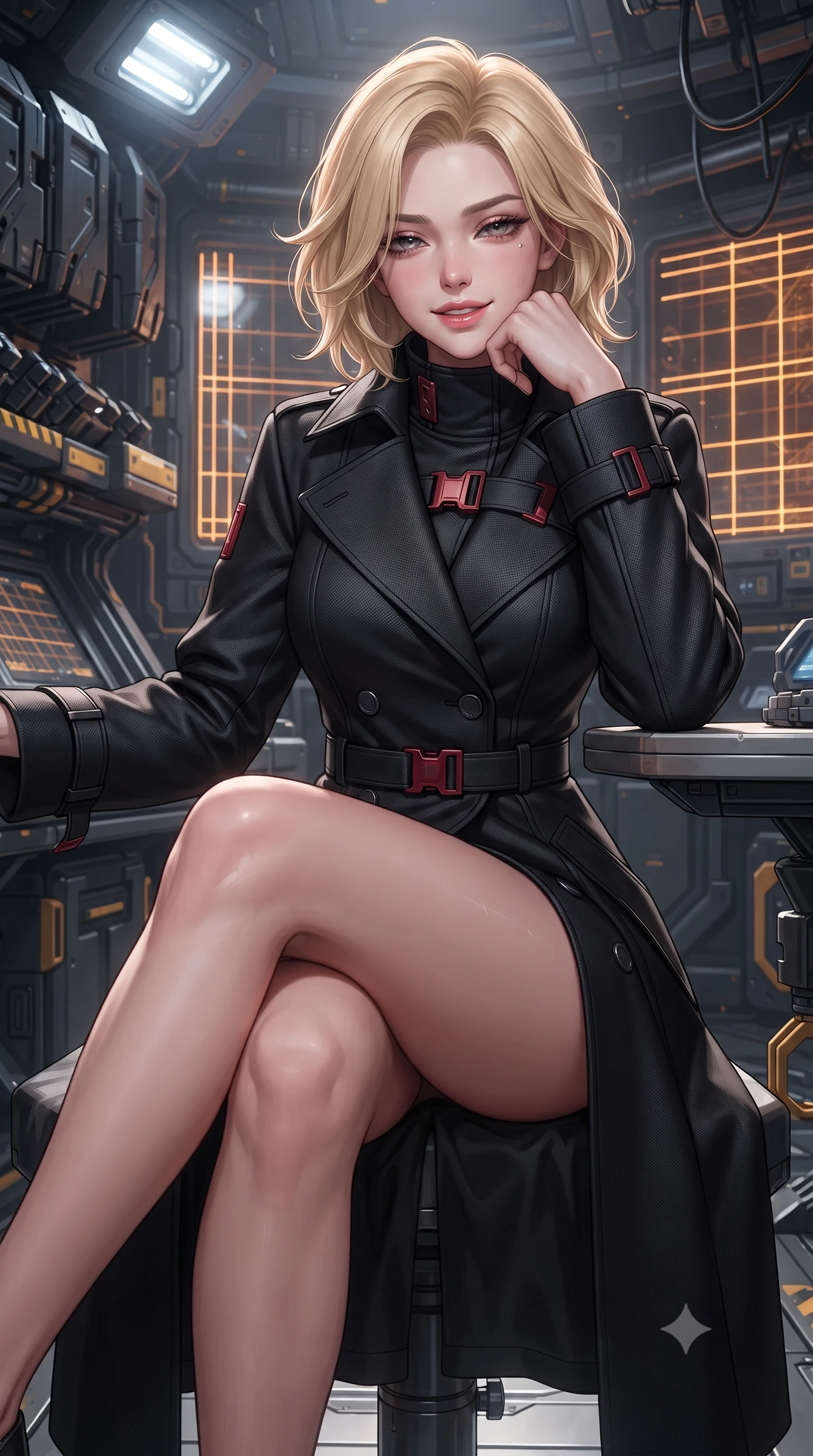 score_9, masterpiece, best quality, ultra-detailed, high-budget anime keyframe, editorial fashion photography, tasteful artistic composition, Caucasian woman. close-up cowboy shot from the waist and thighs up, the character dominates the composition, filling the frame with her large presence. resting one elbow on the table and supporting her chin, leaning close to the camera with heavy-lidded sparkling eyes and parted lips while sitting gracefully on the floating magnetic inspection platform with legs crossed, flashing a teasing smile with parted glossy lips. The surrounding environment is rendered in vivid detail and crisp panoramic clarity: sharp tungsten-carbide sabot penetrator tips, yellow magnetic lock indicators, and heavy carbon-fiber rack bulkheads in deep focus. She has an exceptionally elegant, slender, and willowy female figure with an ultra-slim waist, flat toned midriff, narrow ribcage, and sculpted feminine hips creating an alluring, slim hourglass silhouette without bulk. sharp v-shaped jawline, high-bridge nose, intricate jewel-like sparkling eyes with depth, thick eyelashes, glossy parted lips with a natural peach sheen, bright cheerful beaming smile with an enchanting and coquettish sensual glint, exuding both youthful cute charm and seductive allure, flawlessly proportioned anatomical accuracy, strict slender model proportions, natural body alignment, perfectly sculpted long slender limbs, ultra-slim waistline, clean dynamic posture without body distortion. wearing a bespoke tactical commander trench coat in matte carbon-weave with magnetic utility buckles, storm flaps, and high standing collar in Star-Fortress obsidian black and imperial crimson, crafted from bespoke double-faced cashmere with an exceptionally soft tactile finish, finished with sleek magnetic buckle closures fluttering in the breeze, the impeccably tailored cut draping gracefully along her slender figure with aristocratic poise. bathed in crisp white 5000K inspection spotlights combined with glowing amber laser alignment grids. ultra-reflective glossy finish, specular highlights, rich textural contrasts, high-contrast stereoscopic depth, volumetric dynamic lighting, 2k, ultra detail, master piece, 9:16 ratio